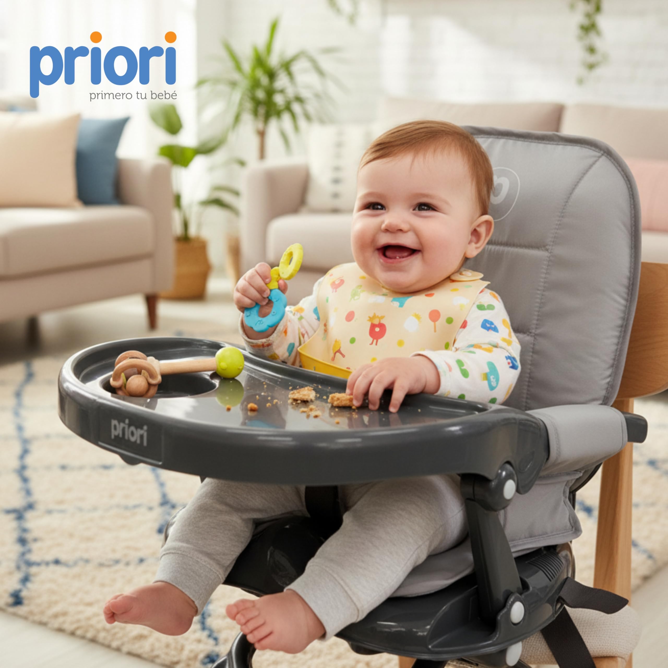 Priori Baby London Seggiolone portatile pieghevole per bambini con gambe ribellibili - Sedile sollevatore per mangiare con imbracatura a 3 punti, cinghie di sicurezza, copertura lavabile, leggera, per