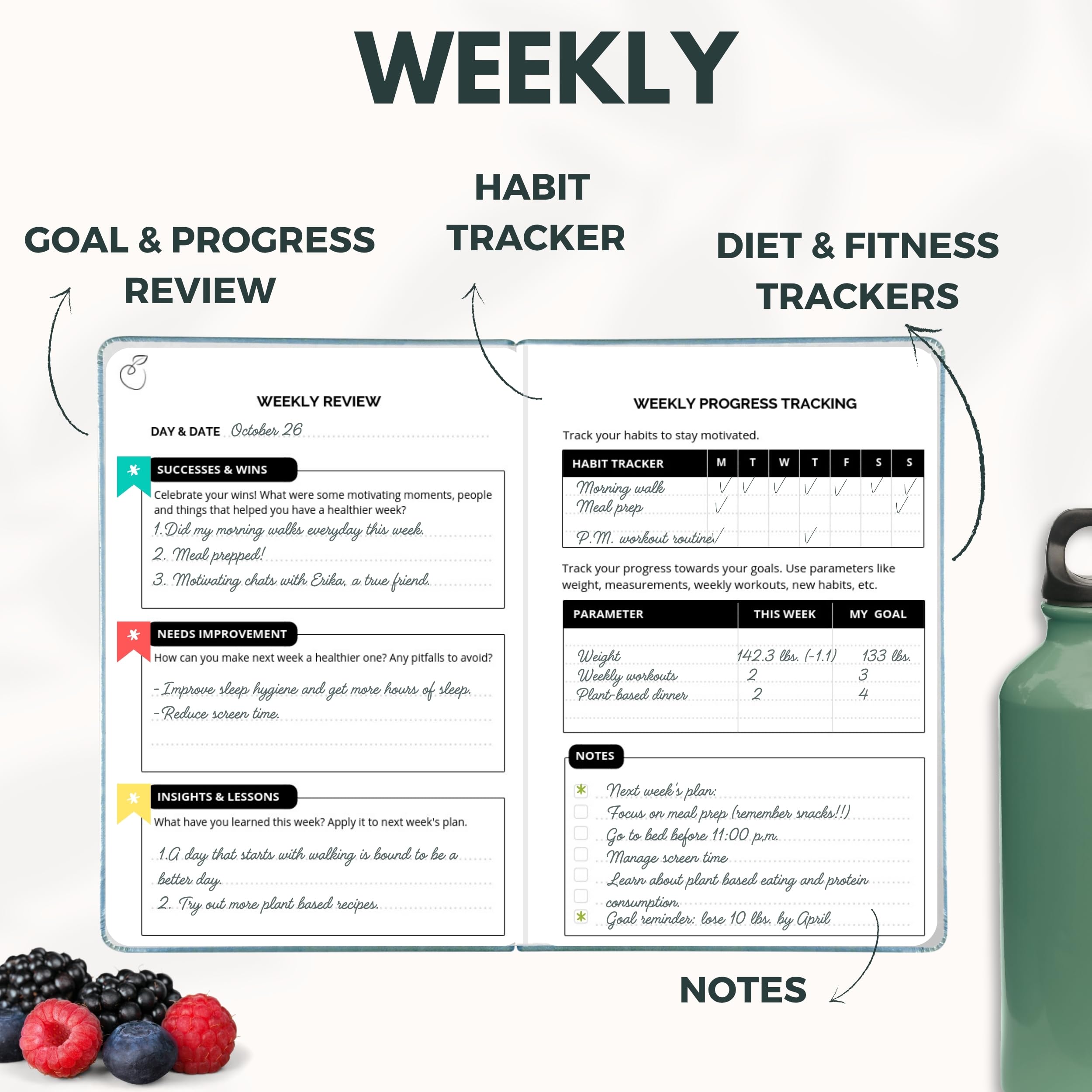 Life & Apples Planer wellness, dziennik żywności i dziennik fitness z codzienną wdzięcznością i planerem posiłków dla zdrowego stylu życia i samoopieki, śledź dietę odchudzającą i cele zdrowotne, bez
