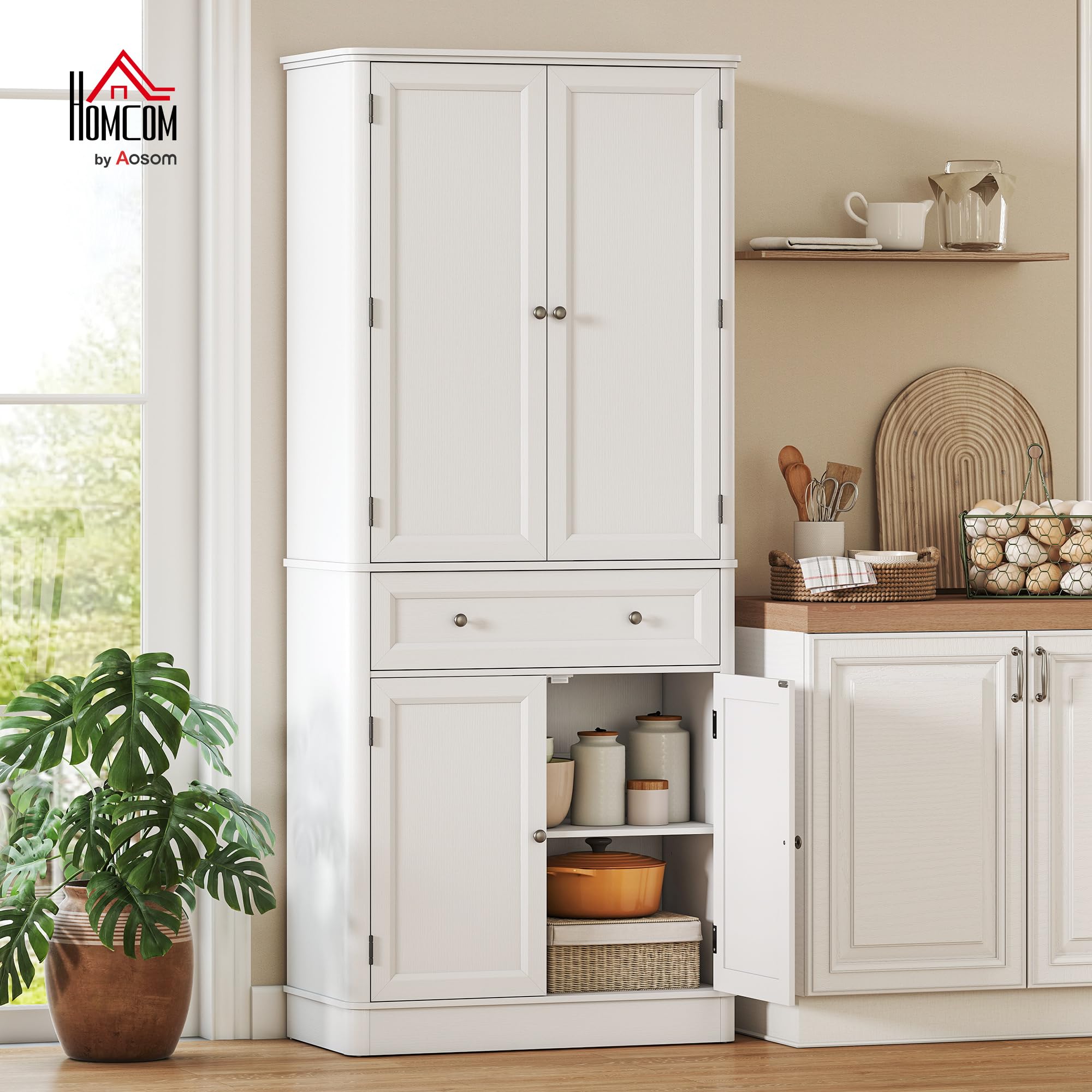 HOMCOM Küchenschrank 186,4 cm Hochschrank Buffetschrank mit 4 Türen, Schublade und verstellbaren Einlegeböden Vorratsschrank für Küche, Esszimmer, Wohnzimmer Weiß, 80 x 39,5 x 186,4 cm