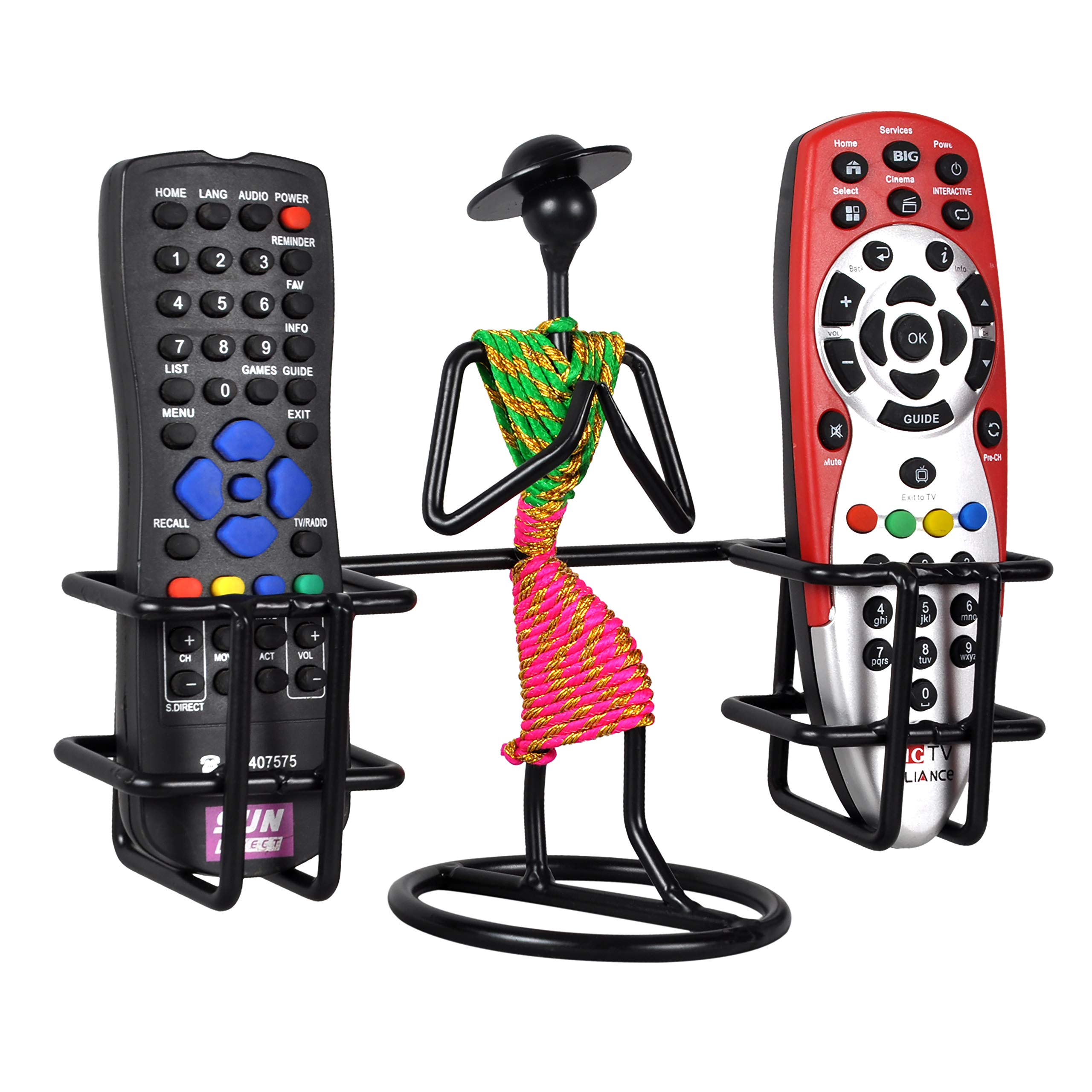 D&V Engineering Metal Livingroom Decor WELCOME Gesture Lady Design Remote Holder/Stand/Organizer for TV AC DVD DTH Remotes, (2 Remotes, Green & Pink).