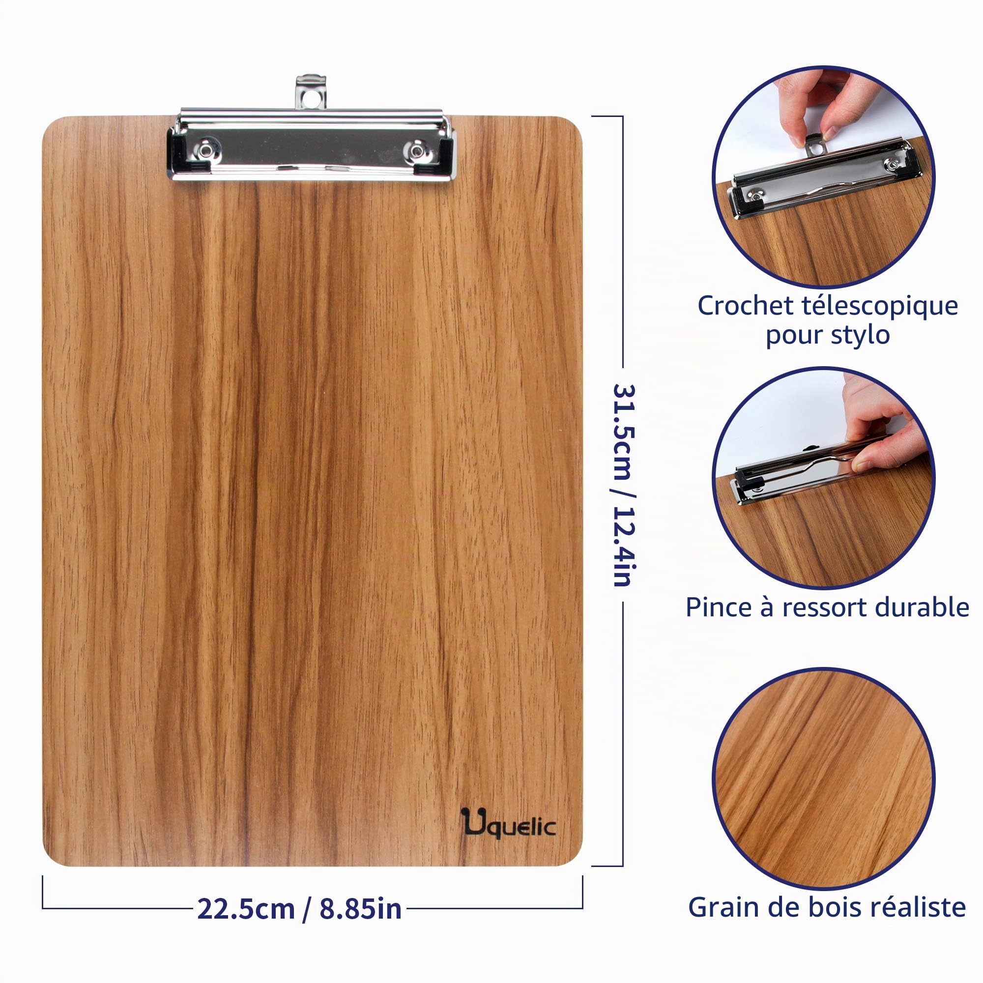 Uquelic Lot de 4 porte-bloc-notes A4 élégants en grain de bois - Coins arrondis - Avec clip robuste et trou de suspension