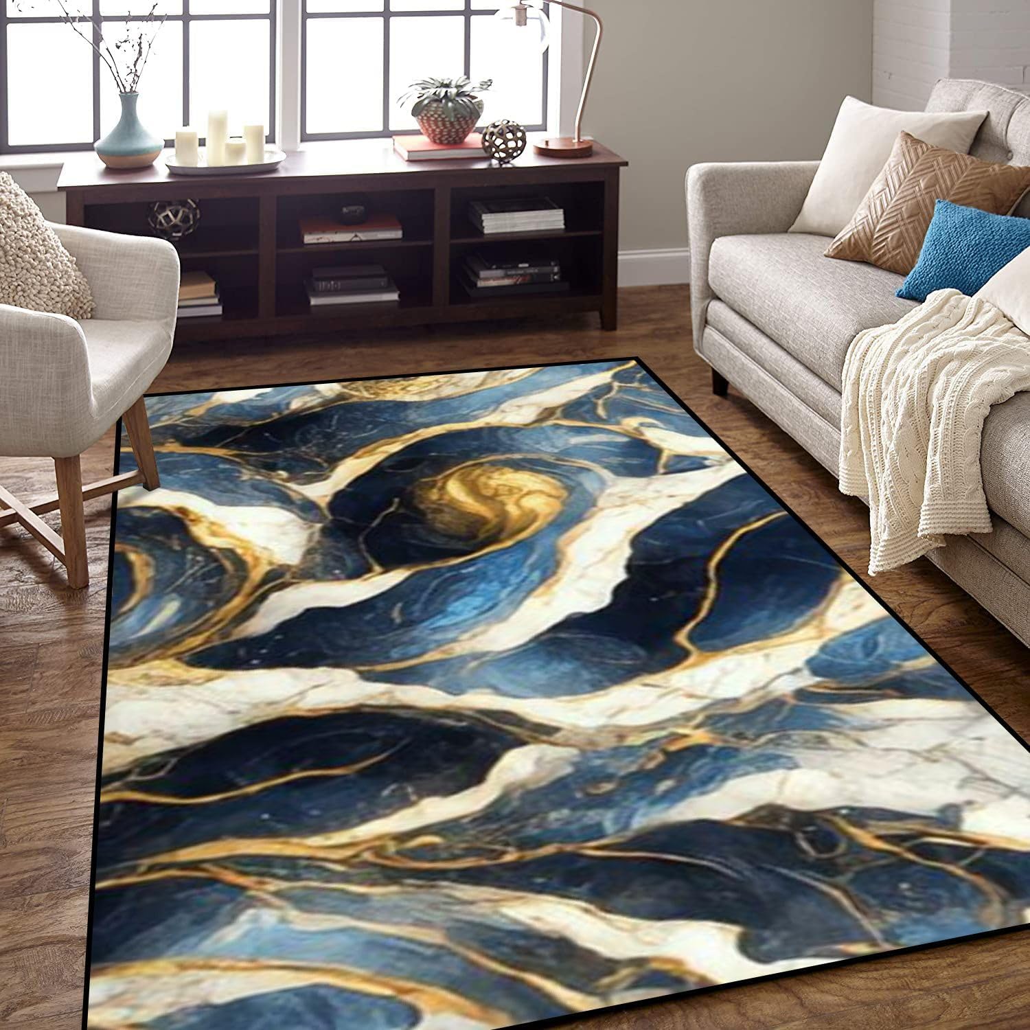Tapis de salon poils ras effet marbre 80x160 cm pour chambre et couloir