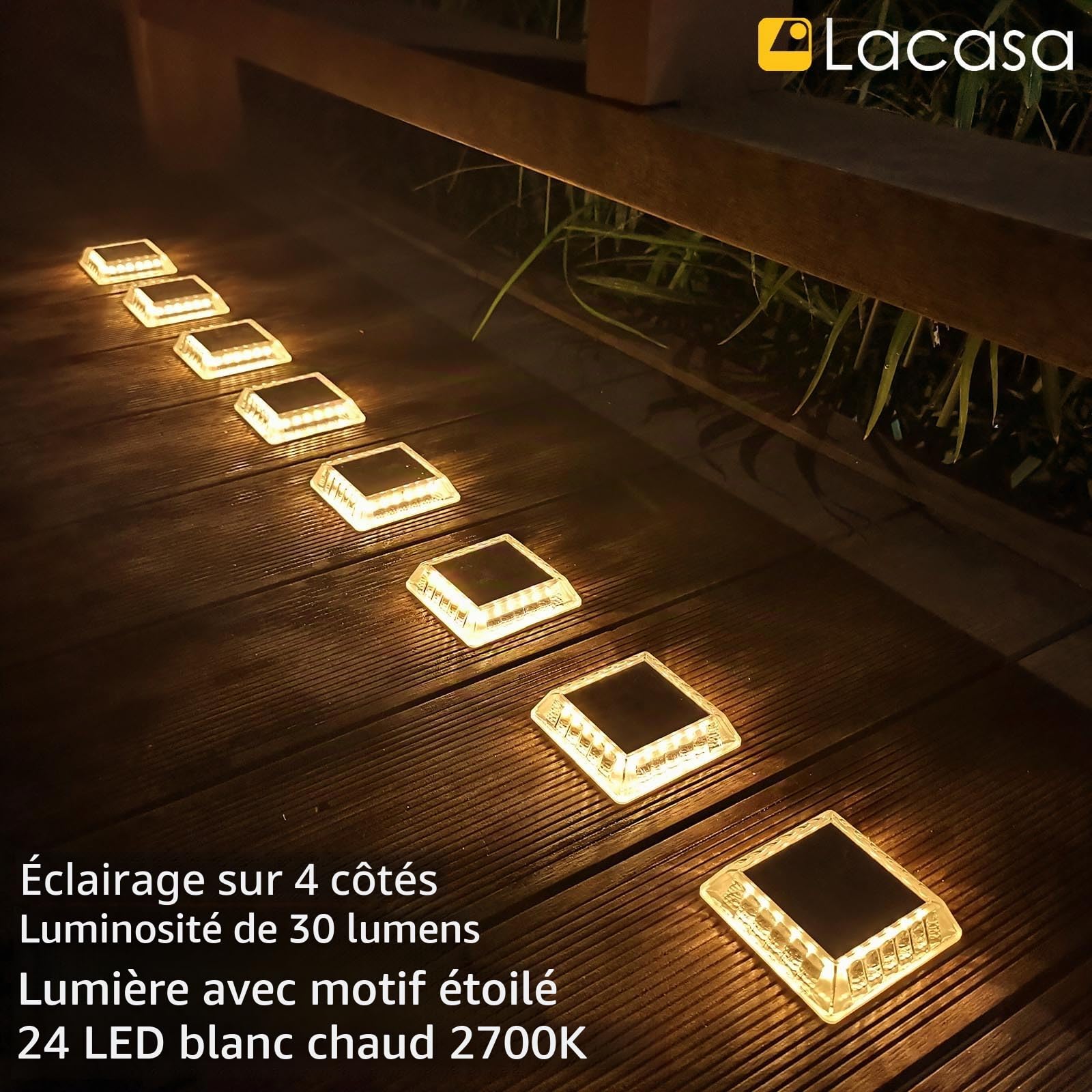 Lacasa Lampe Solaire Extérieur, 8 Pack 30LM Lampe Solaire au Sol IP68 Etanche Lumière Solaire Jardin Auto On/Off Eclairage Solaire pour Escalier Chemins Allée Patio Pont Dock, Blanc Chaud 2700K