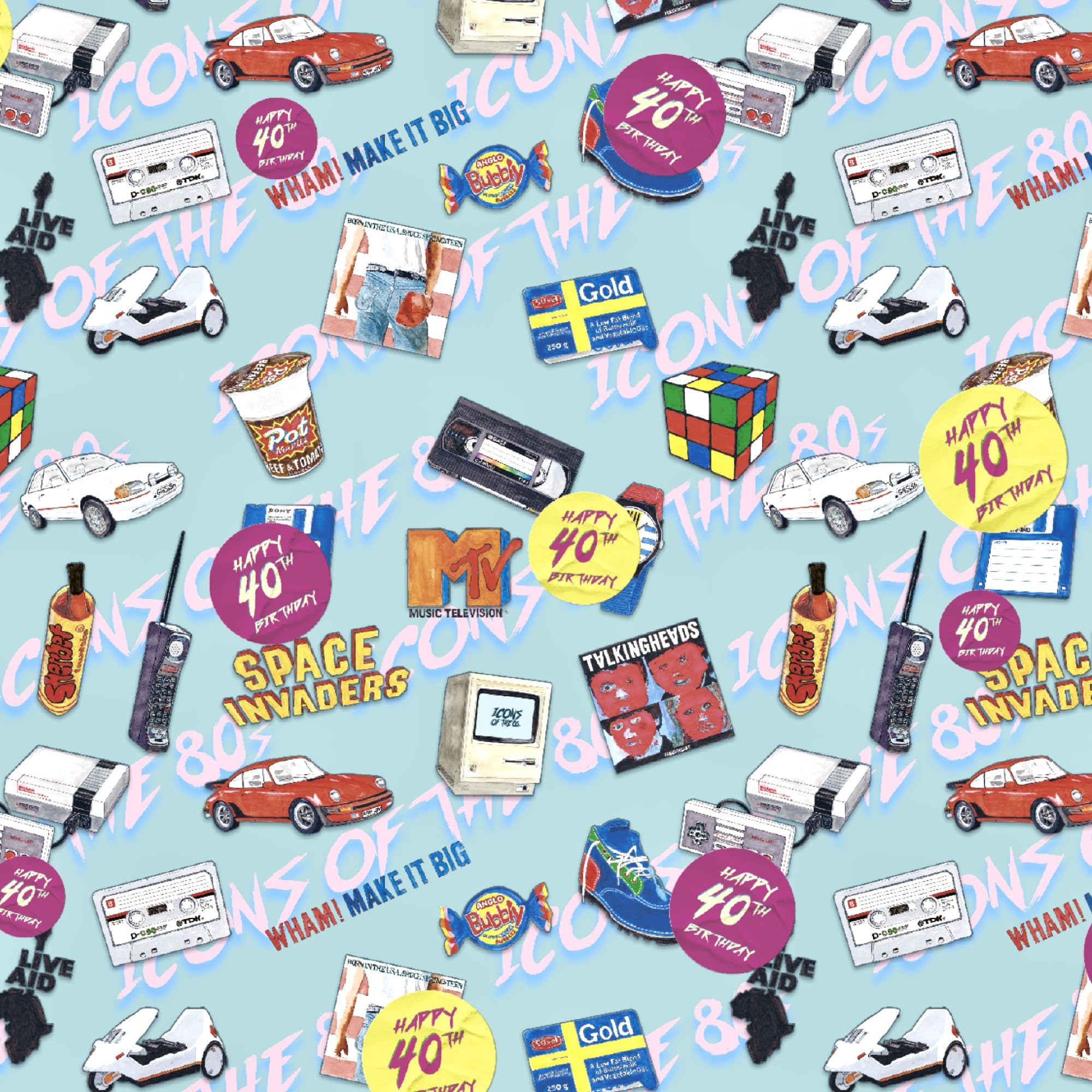 🎂 Papel De Regalo 40 Cumpleaños – Diseño Retro Años 80 – 2 Hojas 500x700 Mm – Hecho En Reino Unido – Presenting Perfection