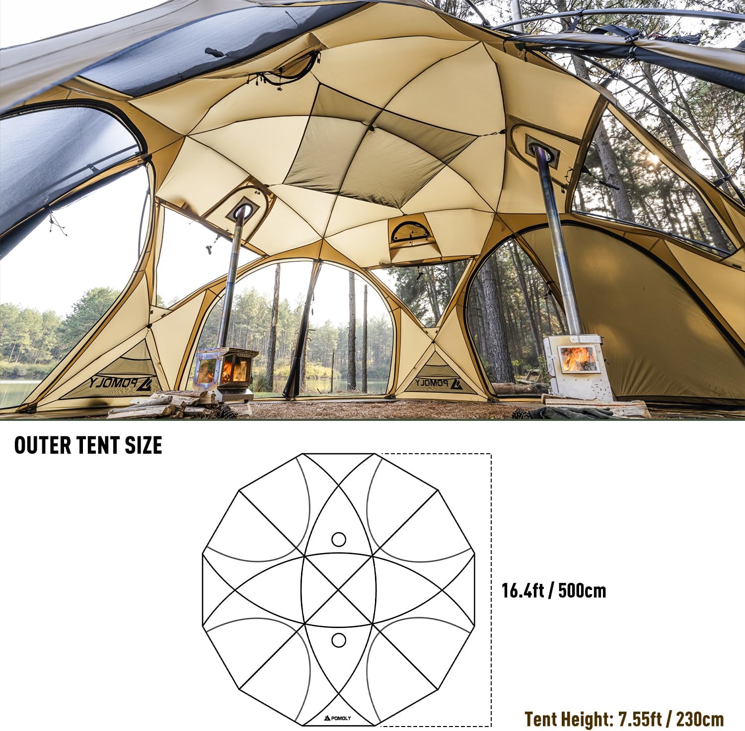 POMOLY Dome Tent Camping Hot Tent, Sphere X8 Lite Freestanding Large Family Wood Stove Tents for 6-8 Person Hiking, Hunting