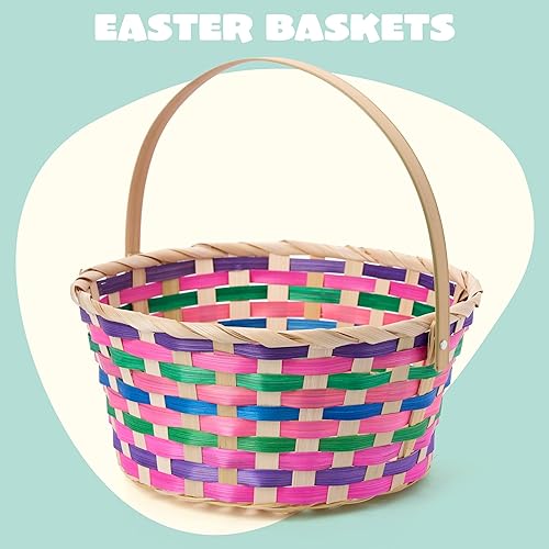 Miniatura 2 de JOYIN Cesta de bambú de Pascua, colorida cesta redonda de bambú tejida con asa plegable, cesta de regalo vacía para niñas y niños, caza de huevos de
