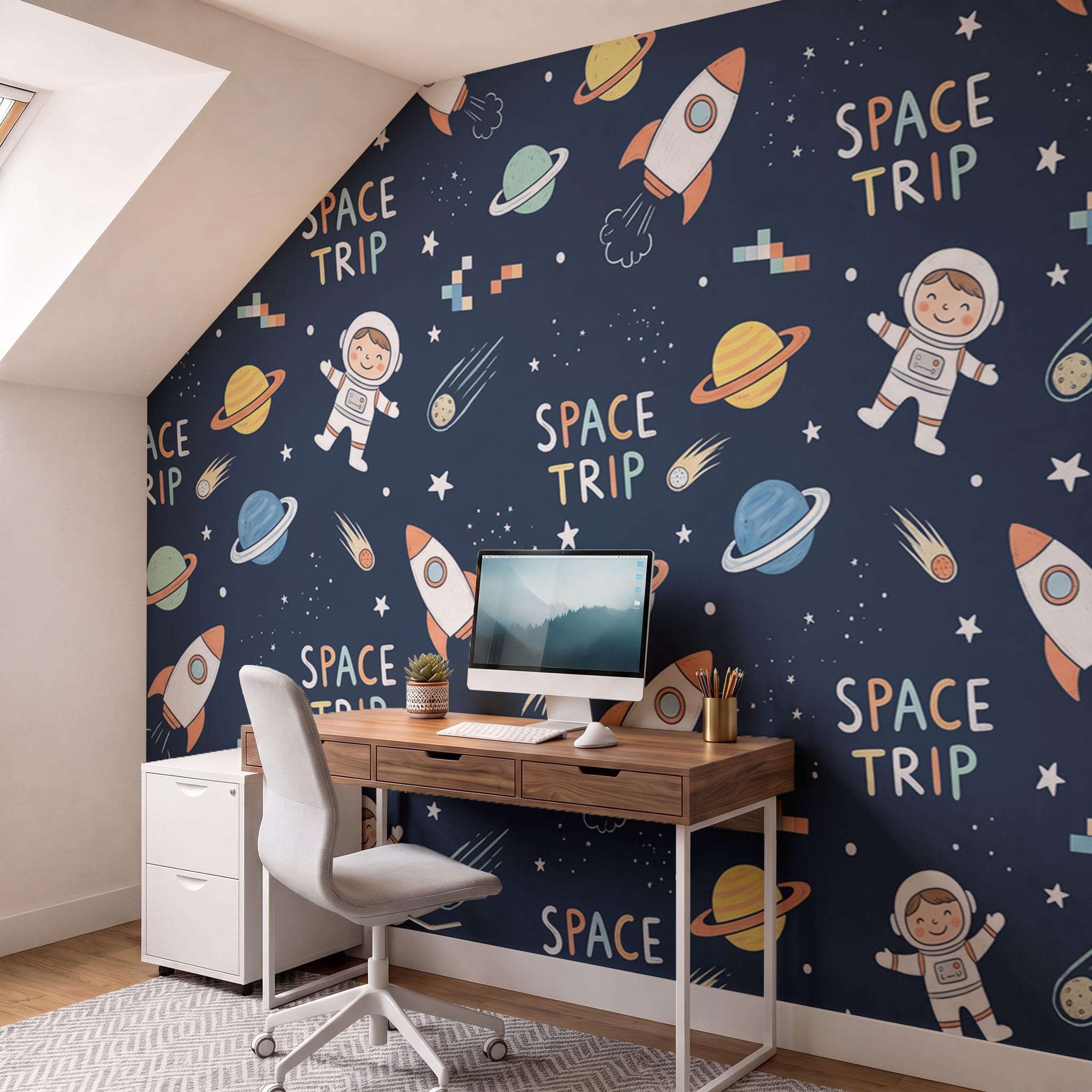 Papier Peint Panoramique 200X140Cm Astronaute Amusant Dans L'Espace | Bleu Marine Papier Peint Intissé Tapisserie Poster Décoration Murale Pour Salon Chambre - Fusées Planètes Galaxies