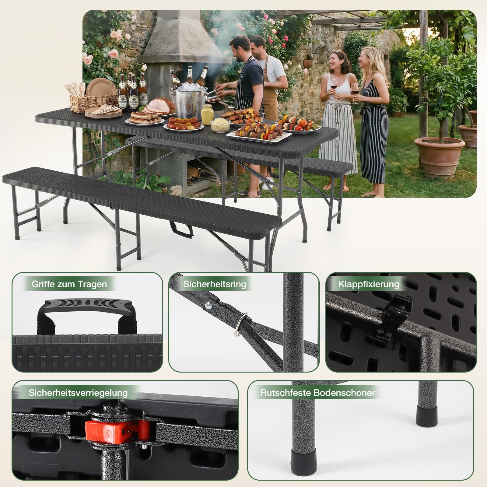 Sekey Bierzeltgarnitur Klappbar, Kunststoff Biertischgarnitur 180cm, 3-teilig Set Tisch + 2 x Bierbank mit Tragegriffe, Gartenmöbel Set für drinnen draußen, Festzeltgarnitur Rattan-Optik (Schwarz)