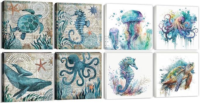 YOOOAHU Bathroom Wall Art Beach Decor 4 Pcs And Watercolor Ocean Animals Sea Turtle Octopus Seahorse Jellyfish Canvas Pictures 4 Pcs