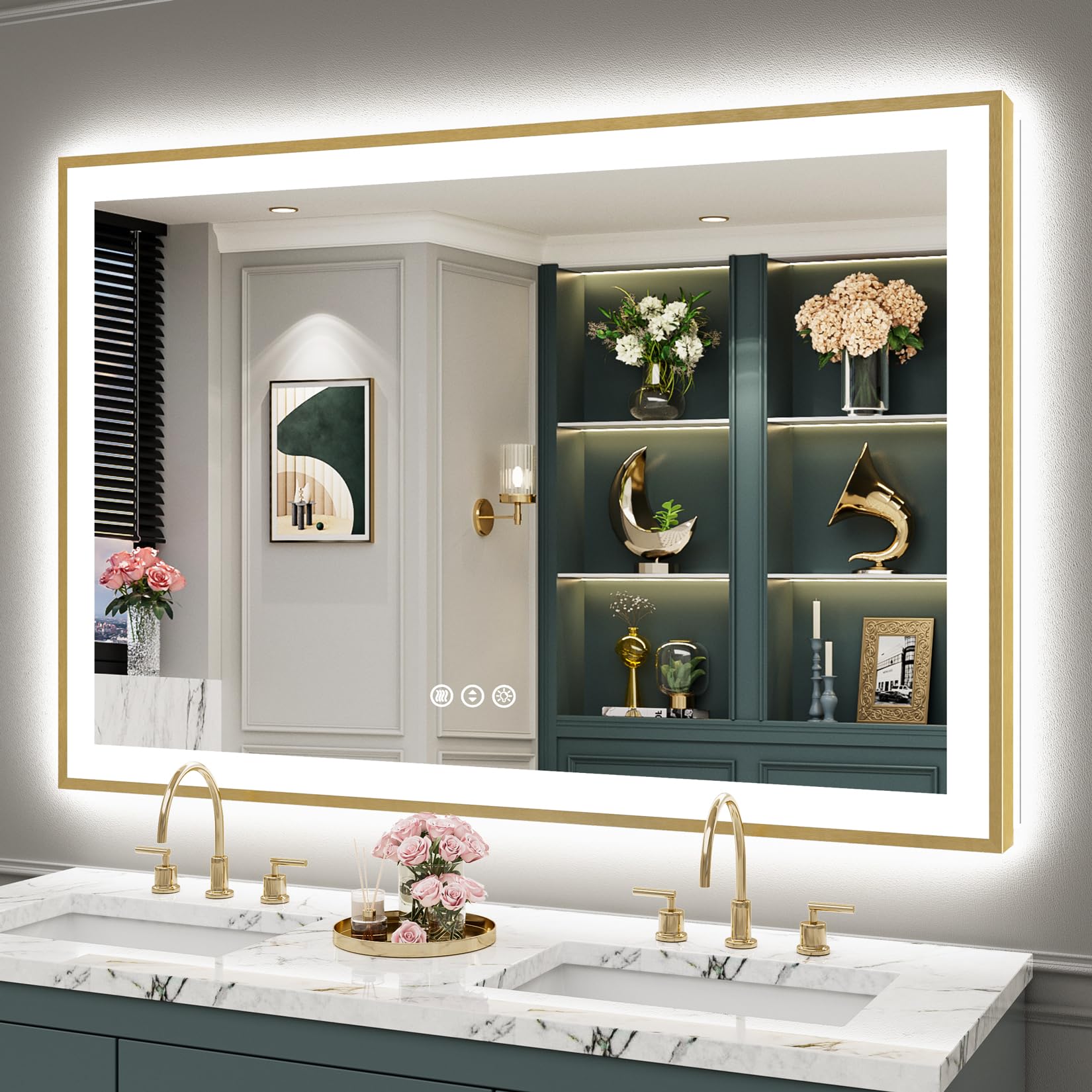 55x36 Gold LED Bathroom Mirror with Lights, Lighted Vanity Mirror