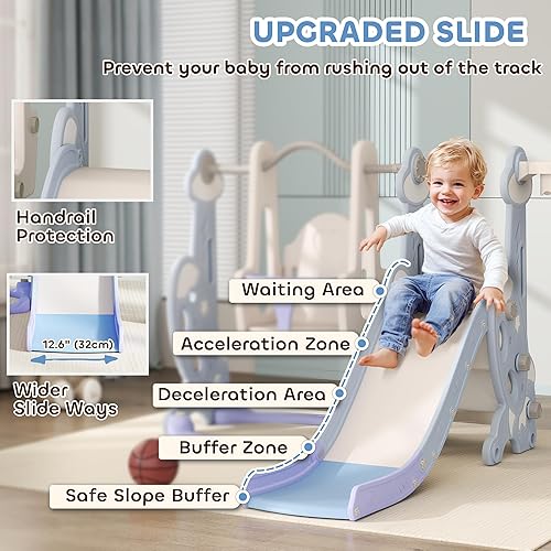 Miniatura 4 de Qaba Juego de tobogán y columpio 4 en 1 para niños de 1.5 a 4 años, juego para niños pequeños con escalador, aro de baloncesto, temática de cohete,