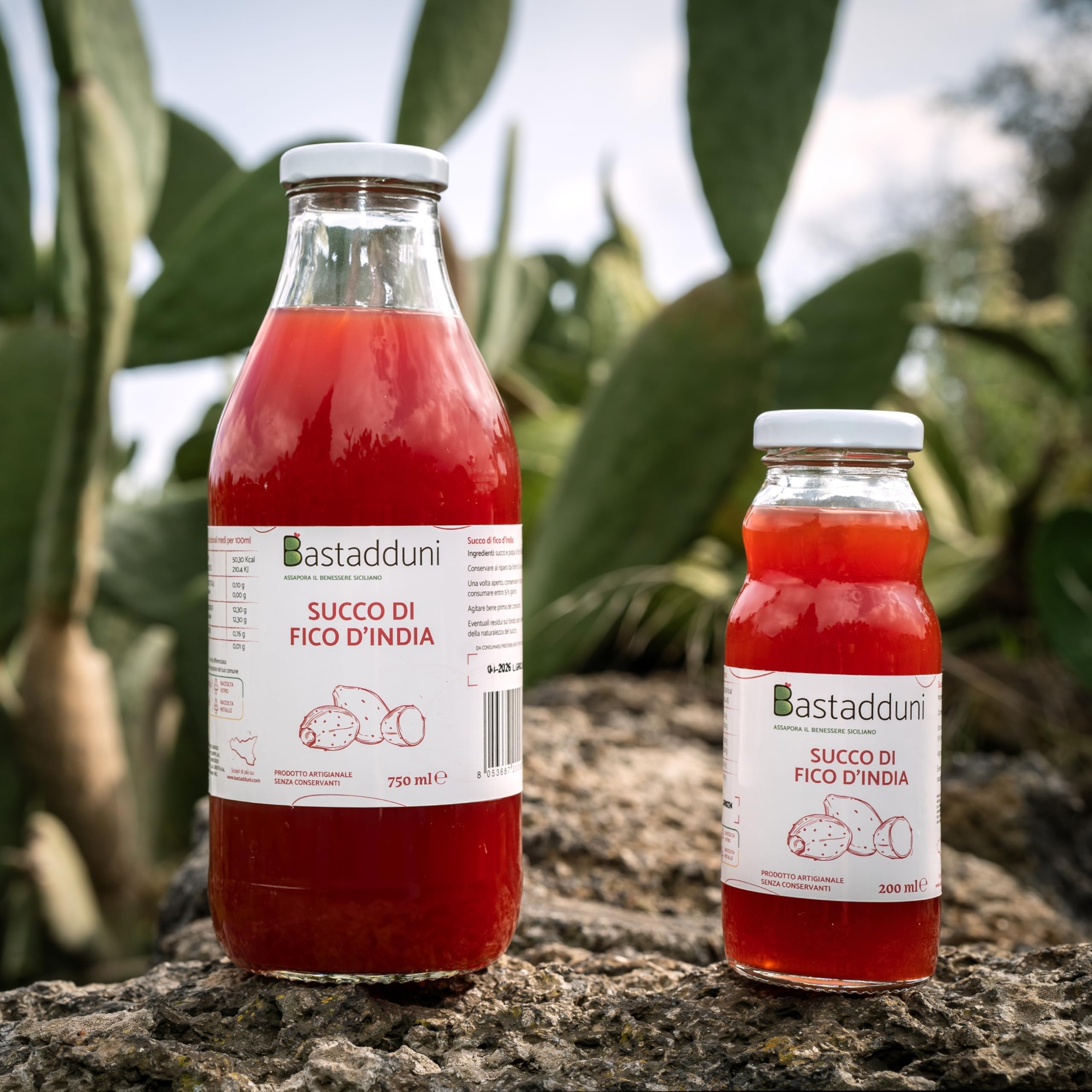 Bastadduni - Succo di Fico d'India 100% Naturale - 12x200ml - Senza Zuccheri Aggiunti - Spremuta di Frutta in Bottiglia di Vetro - Bevanda rinfrescante - Succo di frutta per bambini