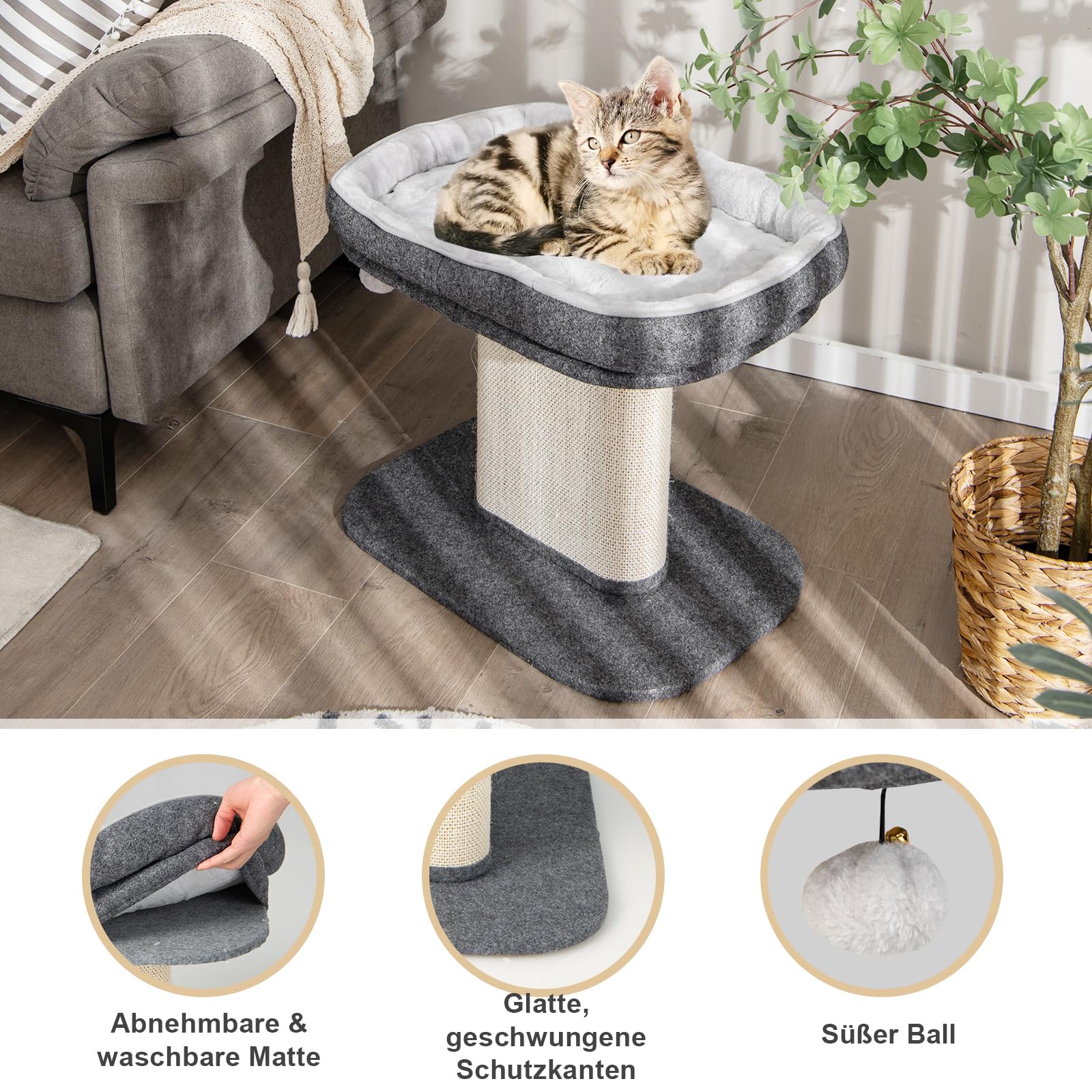 SOARS Tiragraffi piccolo, altezza 50 cm, tiragraffi per gatti con seduta in peluche e colonna in sisal e palla, albero da arrampicata in legno stabile, per gatti