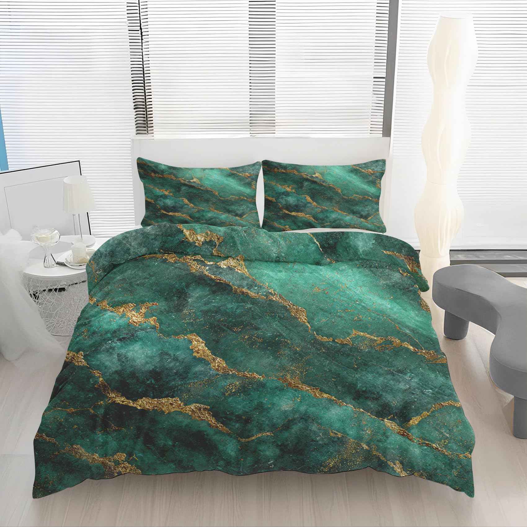 Housse de couette 220x240 marbre dorée réversible en microfibre avec 2 taies