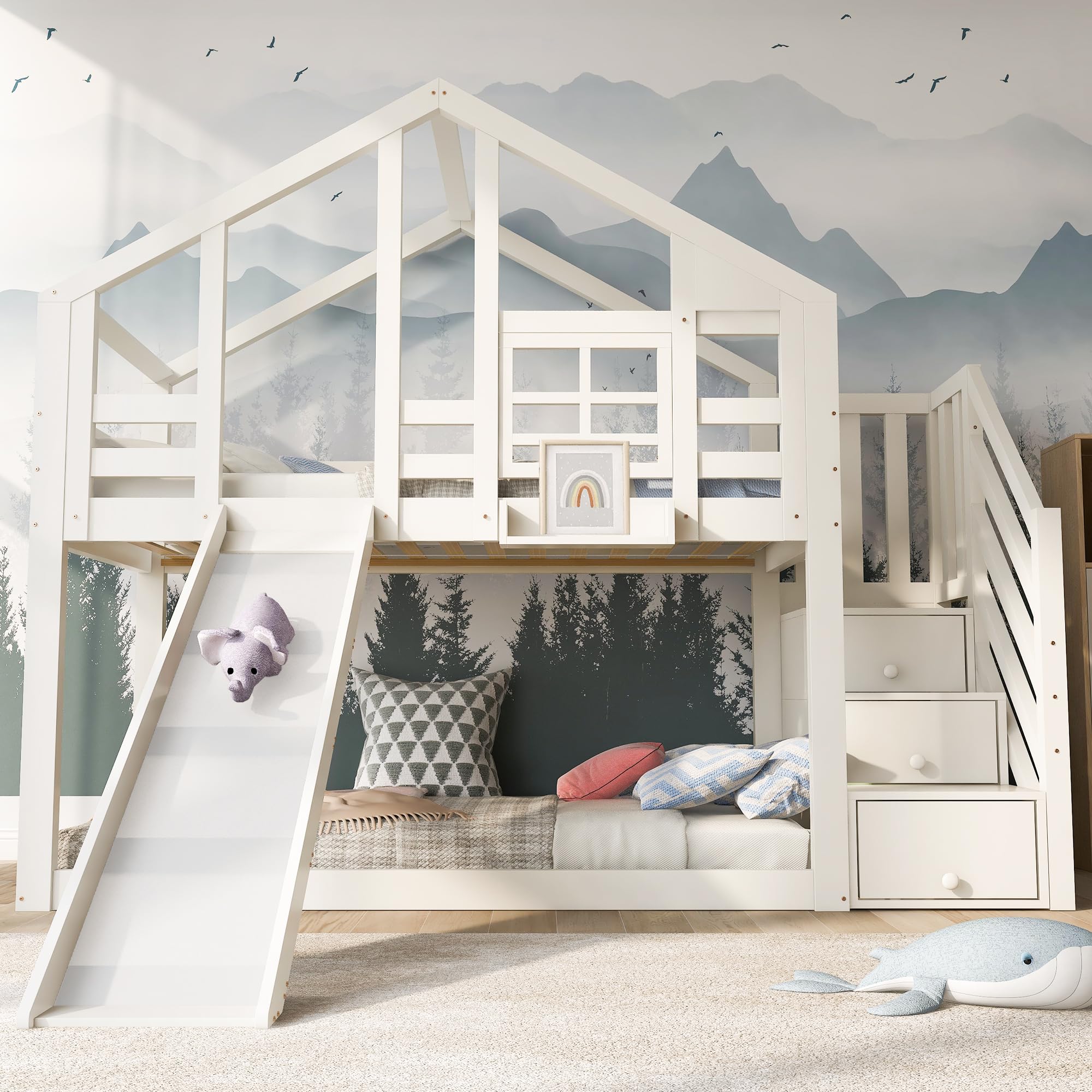 Merax Kinderbett Etagenbett 90x200cm Housebett Stockbett Hochbett mit Rutsche,Treppe Staufach Stauraum,Lattenrost,Rausfallschutz,mit Fenster, für 2 Kinder, Ohne Matratze,Weiß/254×96×207cm