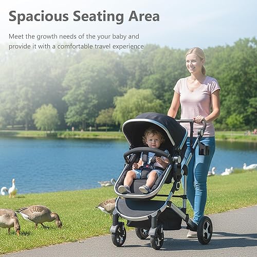 Miniatura 5 de Kinder King Cochecito de bebé reversible 3 en 1 con bandeja desmontable, convertible en carriola para recién nacido, carriola plegable para niños