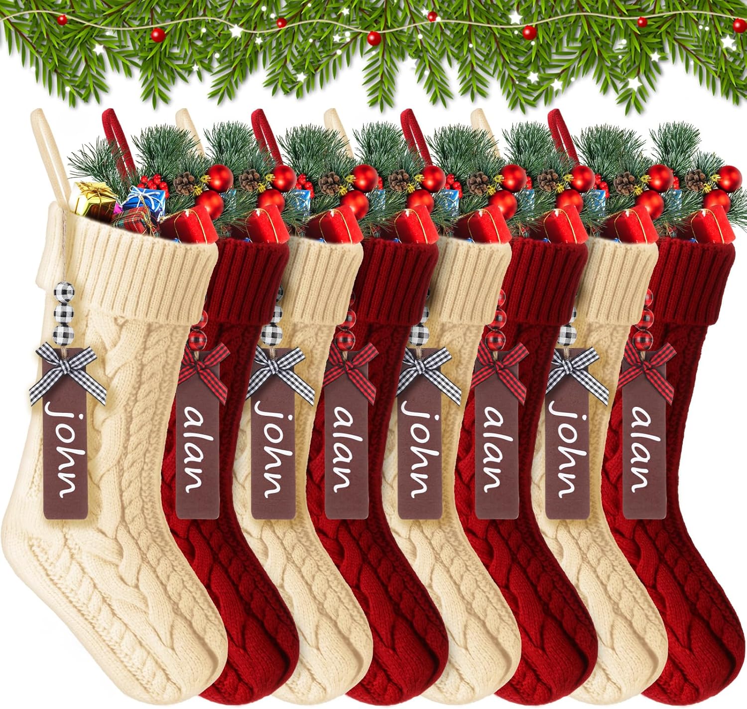 Jenaai 8 Set Christmas Stockings, 18 Inch Large Knitted Xmas Hanging Stocking Decorations with 8 Name Tags 1 Marker Double Sided Stockings for Christmas Decor Gifts (Red White,Cable)