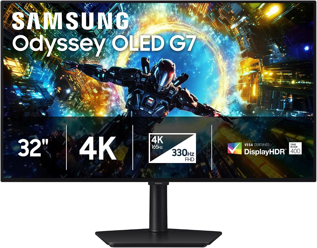 32" Odyssey OLED G7 (G73SH) Series Gaming Monitor, 4K Resolution | 165Hz, Dual Mode FHD 330Hz, 0.03ms, Glossy OLED, HAS/Tilt/Swivel/Pivot, G-Sync Compatible, 3-Yr Warranty (LS32HG732SNXZA)