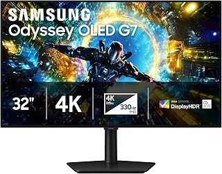 Samsung 32인치 Odyssey OLED G7 (G73SH) 게이밍 모니터 - 4K 해상도, 165Hz, 듀얼 모드 FHD 330Hz, 0.03ms, 광택 OLED, HAS/틸트/회전/피벗, G-Sync 호환, LS32HG732SNXZA