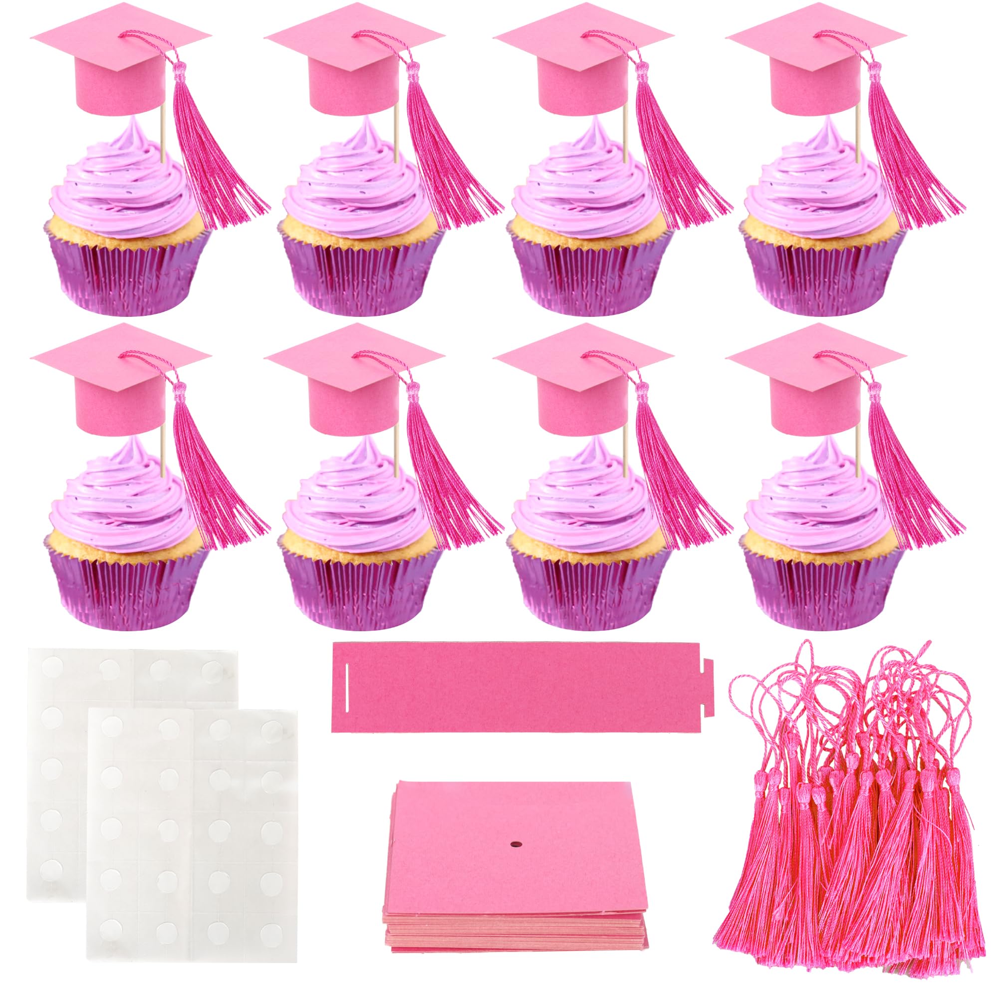 24 Pack 2026 Graduation Cap Cupcake Toppers with Tassel Congrats Grad Cap Cupcake Picks Class of 2026 Graduation Party Decorations for 2026 School Graduate Party Cake Decorations Rose Red โ image 1