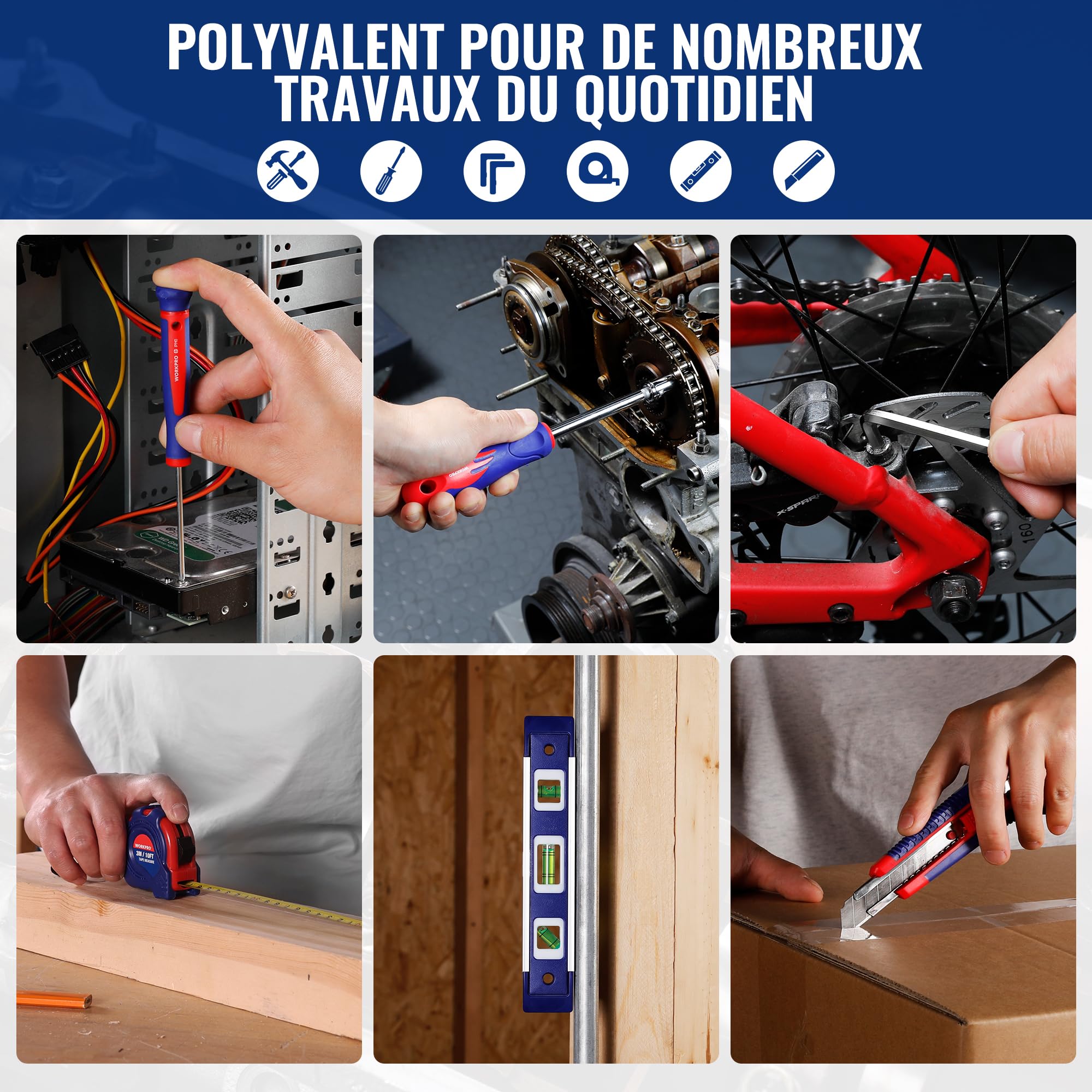 WORKPRO Kit d'Outils avec Sac de Rangement | pour Usage Domestique ou du Travail 100 Pièces en Acier au carbone et Cr-V, Bleu Rouge Noir