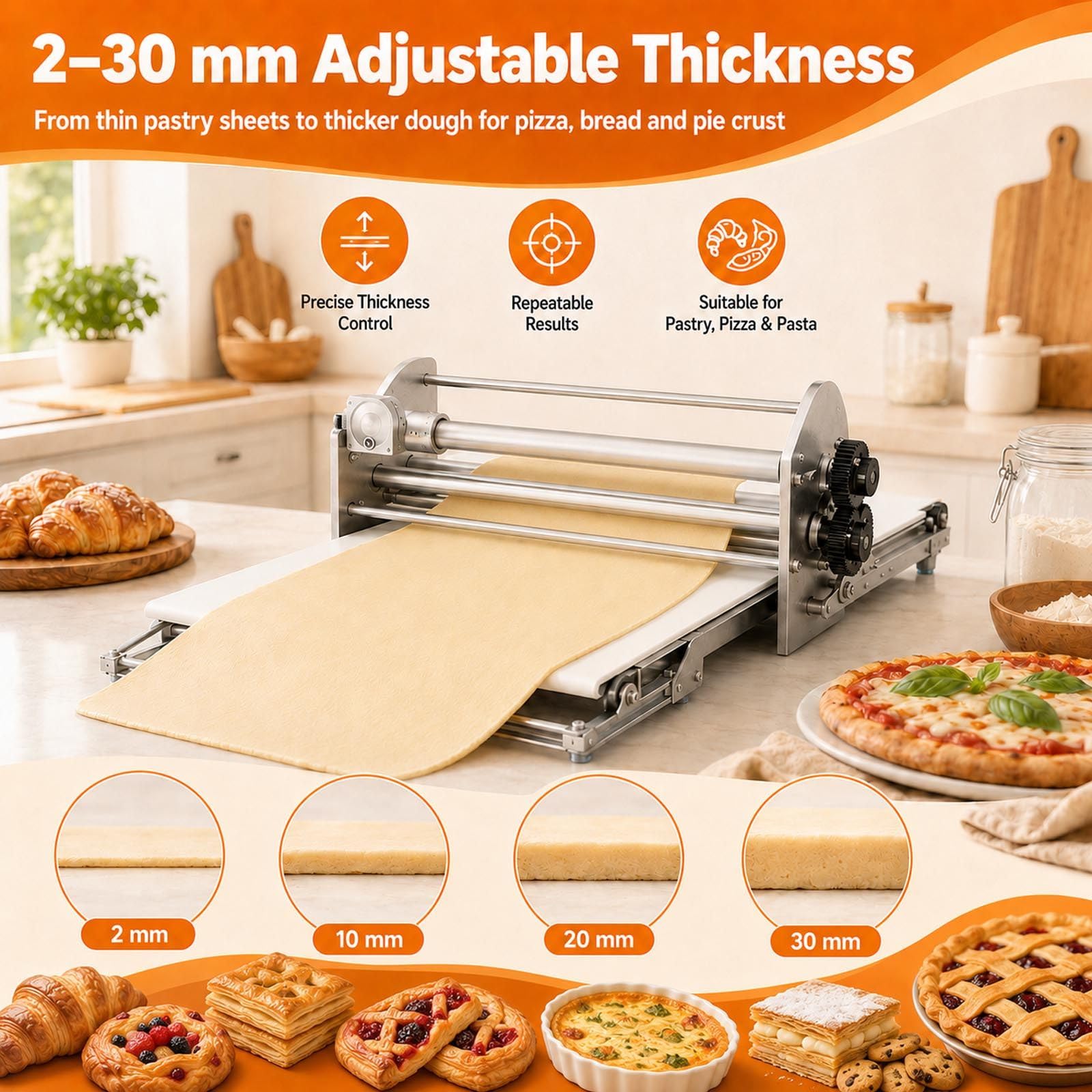 Macchina Stendipasta Elettrica per Uso Professionale E Domestico | Acciaio Inox Per Uso Alimentare E Piano In Pe Liscio Per Una Preparazione Pulita In Pasticcerie, Pizzerie
