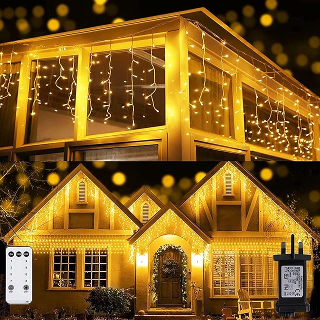 Jane Choi Icicle Lights Outdoor, 50ft 600 LEDs Fairy Lights with Remote &Timer, 4 Types Brightness 8 Models Xmas Lights String Lights with 33ft Cables for Xmas, Warm White.. (SW-LSL-12XX-138)
