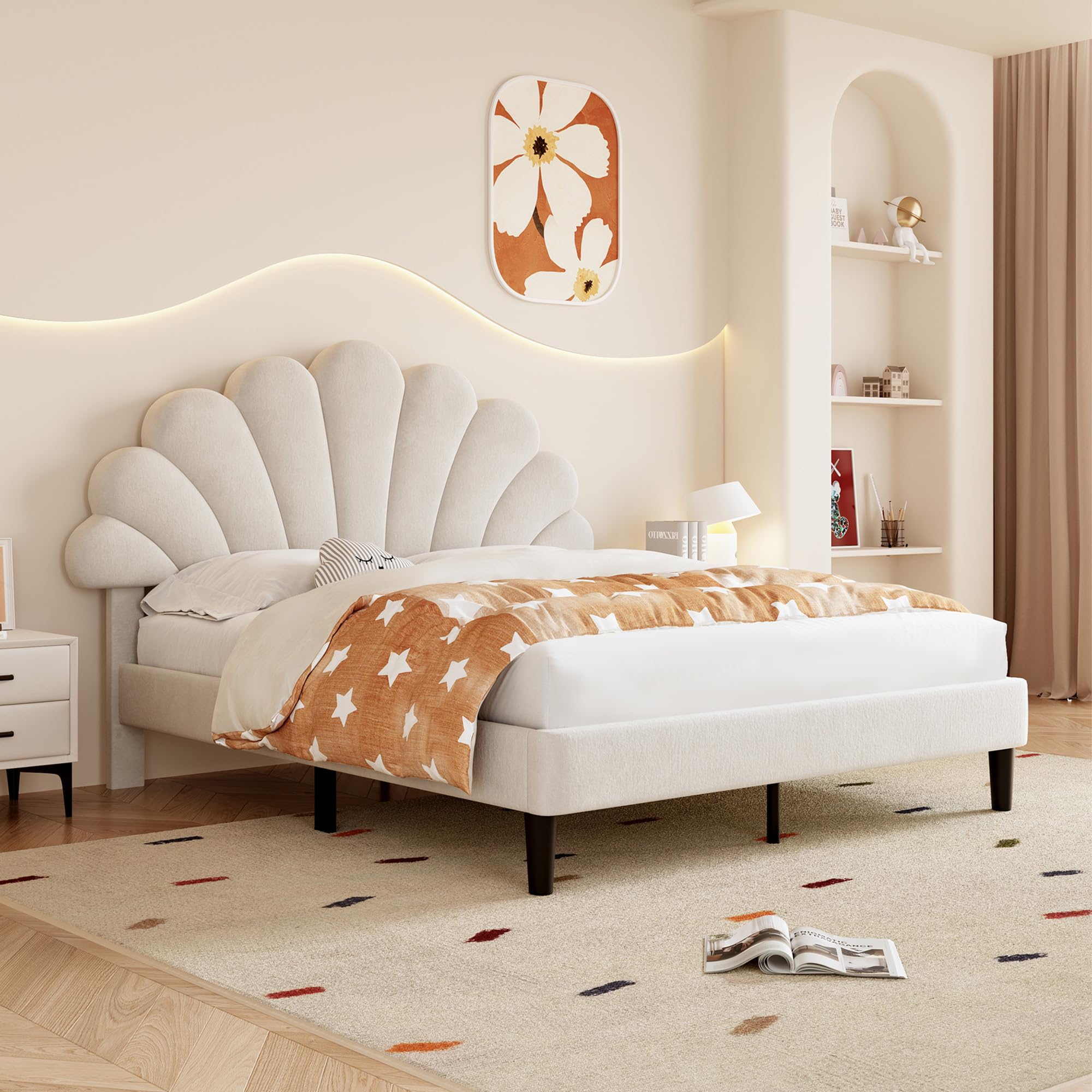 Merax Double bed frame, 4ft6 Double Upholstered Bed, Adjustable Chic Petal Headboard, Sturdy Wooden Slat Support, Velvet Fabric (No Mattress), Beige+Velvet/135CM*190CM โ image 1