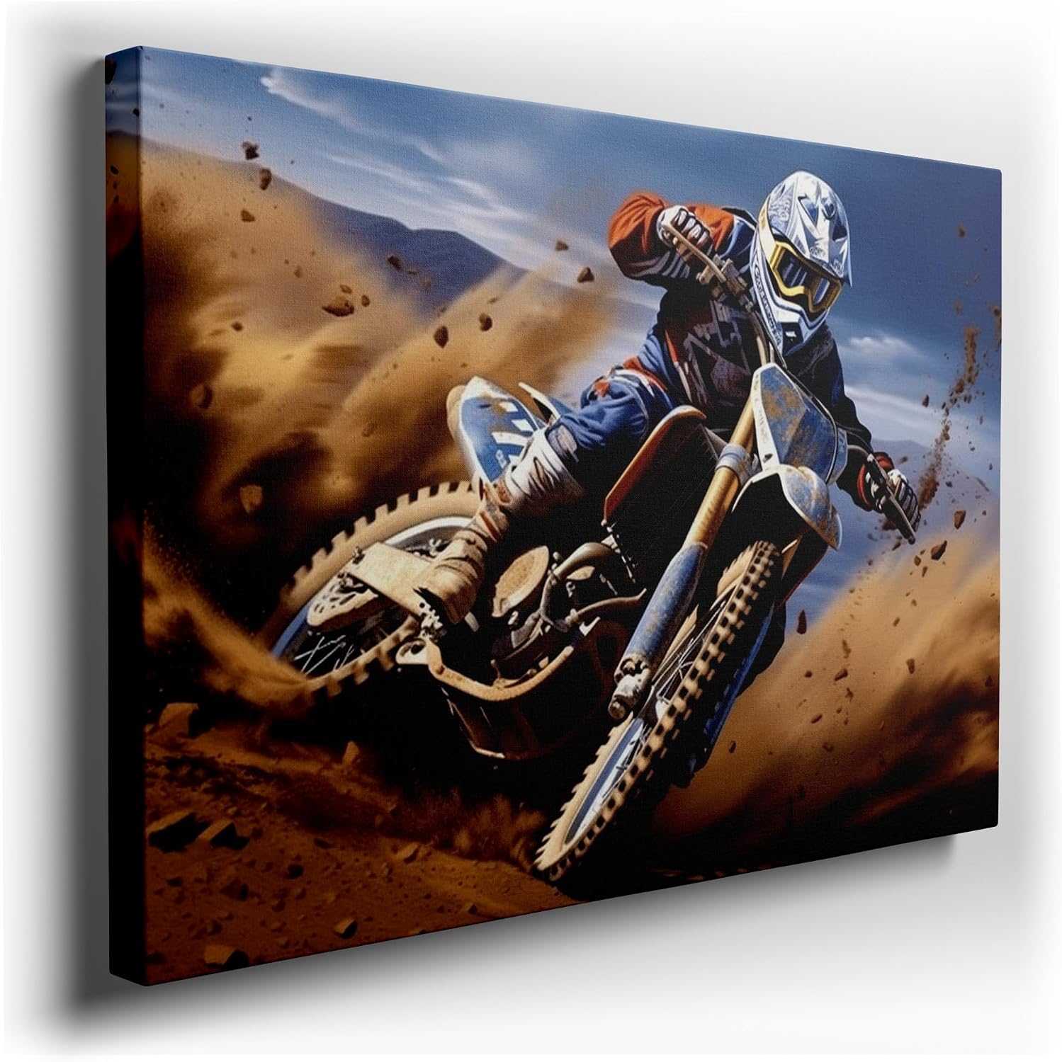 Canvas for Living room. Desert Dynamo: Mastering Sandy Straits on a Dirt Bike, 27 x 18 inch Canvas Wall Art - Contemporary Masterpieces - Modern Home Decor
