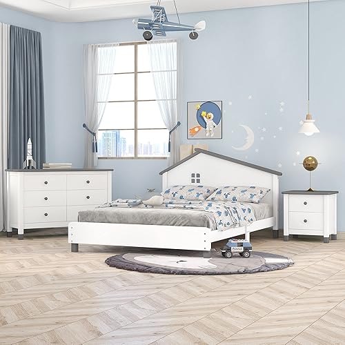 Merax Juego de muebles de madera para dormitorio de 3 piezas de color blanco y gris moderno con cama de casa completa aparador de armario mesita de