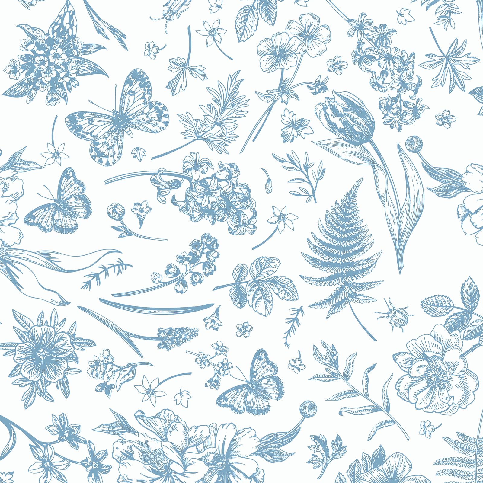 LiKiLiKi Klebefolie Möbel Blau und Weiß Blumentapete 44×300cm Selbstklebende Tapete Blätter Blumen und Schmetterlinge Mustertapete Vinyl Möbelfolie Wasserfest Wandtapete für Wohnzimmer Möbel Küche