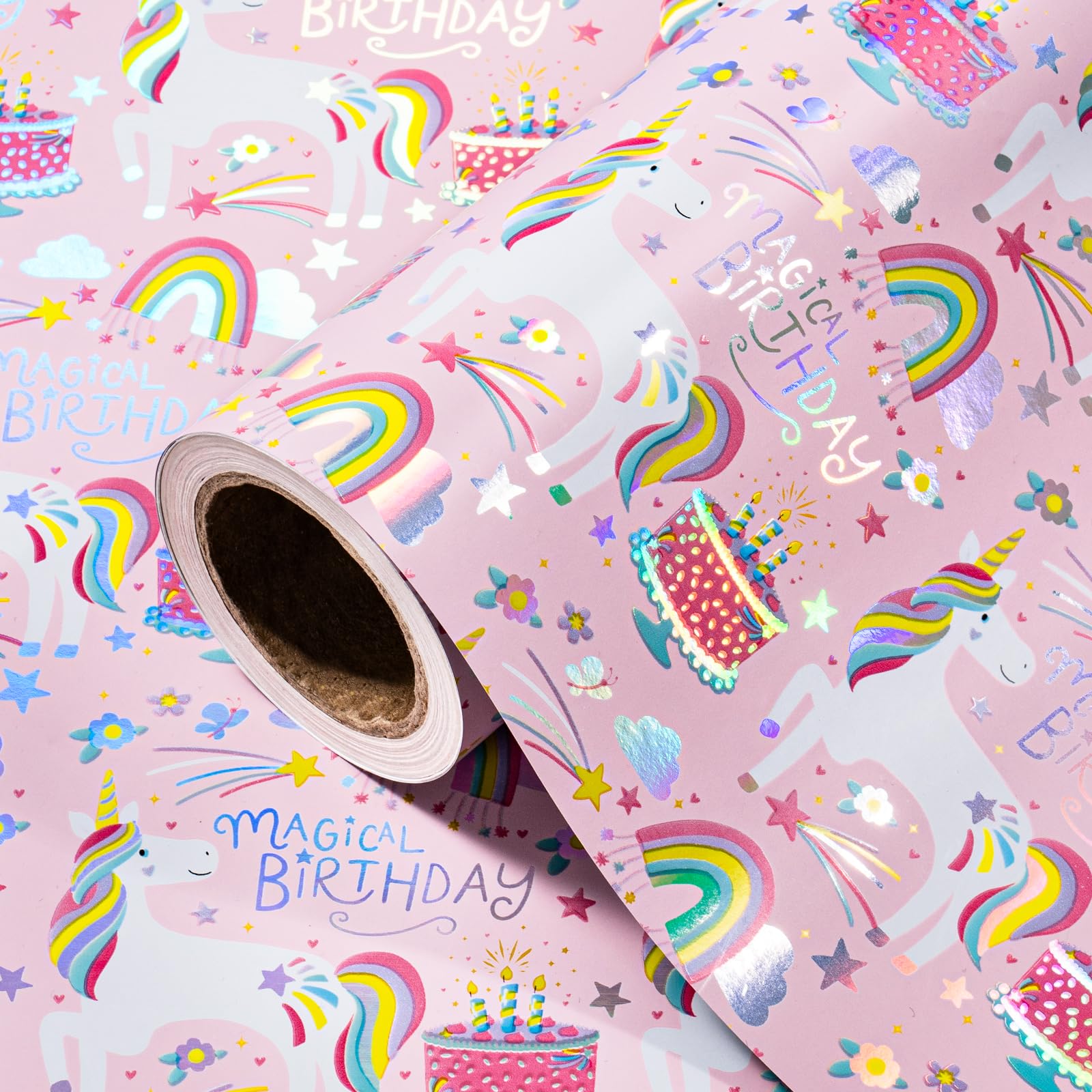 WRAPAHOLIC Unicorn Birthday Wrapping Paper Roll - Mini Roll - 17 Inch x 16.5 Feet - Rainbow Foil Pink Magical Birthday Unicorn Wrapping Paper for Girls, Kids Party, Baby Shower