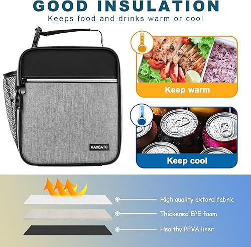 Miniatura 4 de Lonchera duradera con aislamiento térmico y reutilizable para adultos, lonchera duradera y reutilizable para adultos (negro y gris claro)