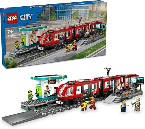 LEGO Parada de tranvía y tranvía de ciudad, edificio de juguete de tren con estación y vagones de tren, juego de rol para niños y niñas de 7 años en