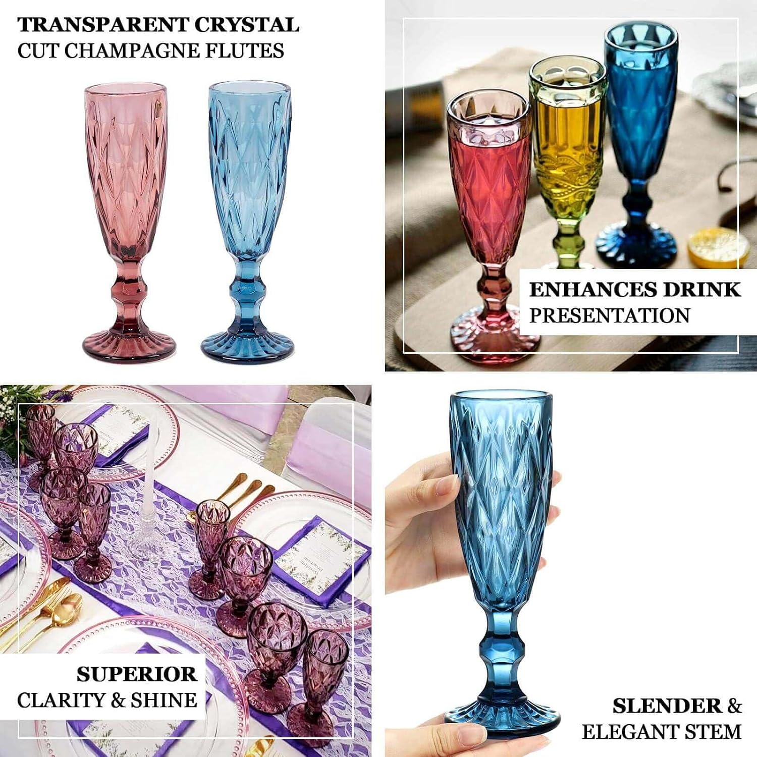 Efavormart 6-Pack 6oz Dusty Rose Crystal Cut Champagne Flutes, Elegant Textured Glass Toasting Goblets for Bridal Showers and Milestone Celebrations