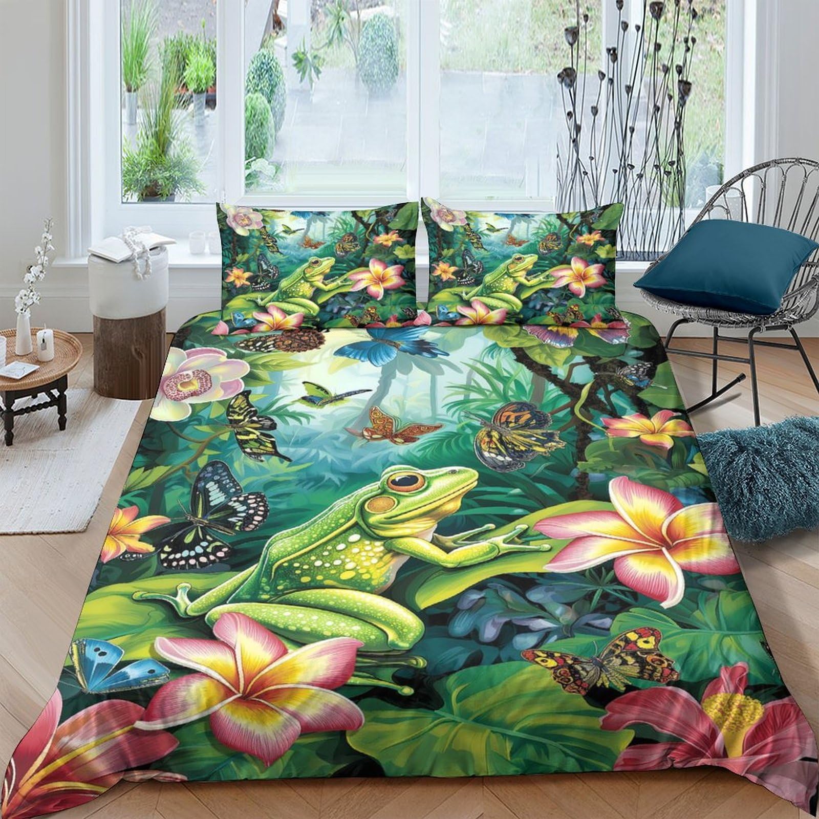 Ctjqhvkz Style-2 3D Printed Tropical Rainforest Fitted Sheet Microfiber Non-Slip Frog Lily Flower Mattress Cover Bedroom Home Decor Single（135X200cm）