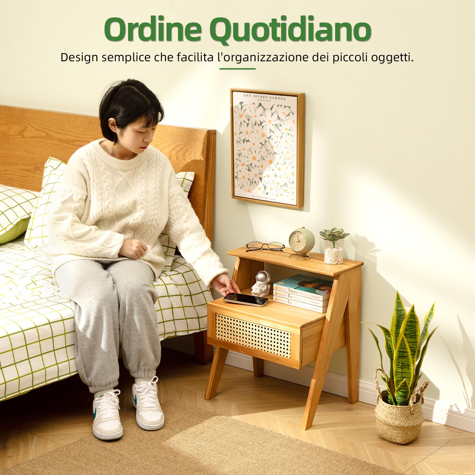 Comodino in Bambù con Cassetto, Mobile da Notte Boho | Design Trapezoidale Moderno| Tavolino Laterale per Camera, Soggiorno e Ufficio| 43x32x51 cm
