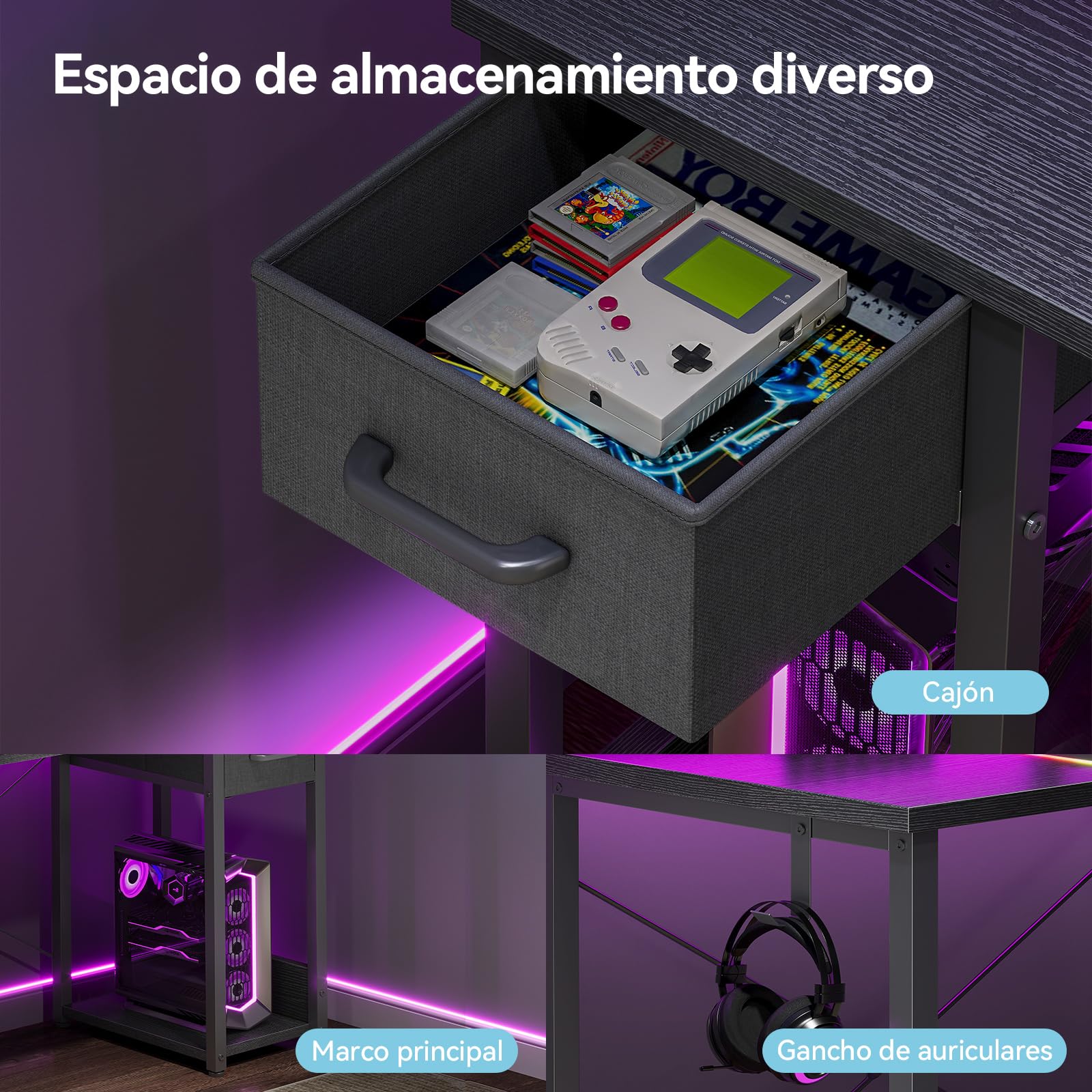 Coleshome Escritorio con Cajones de Tela, 100x45cm Mesa Gaming con Luces LED, Escritorio Gaming Reversible con Estanteria y Gancho para Auriculares para en Casa y Dormitorio, Negro