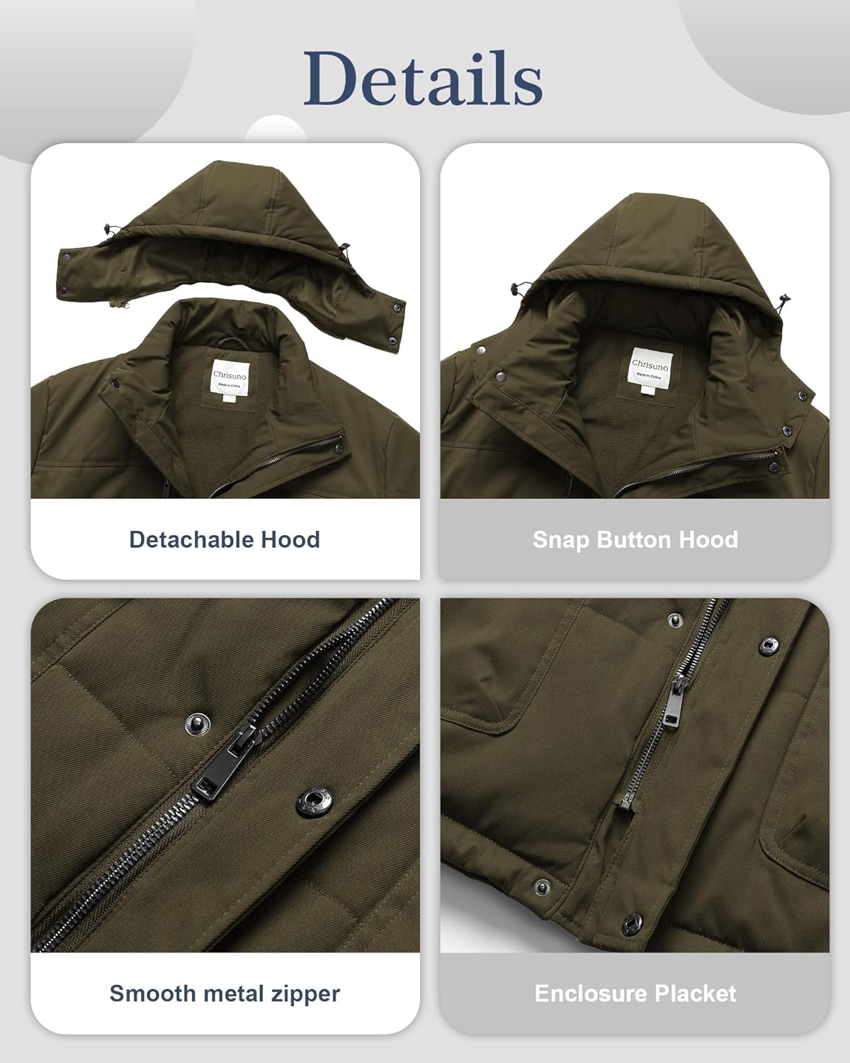 Chrisuno Men's Big and Tall Winter Coat Insulated Military Parka Jacket Waterproof Fleece Lined Thickened Detachable Hood - Image 7