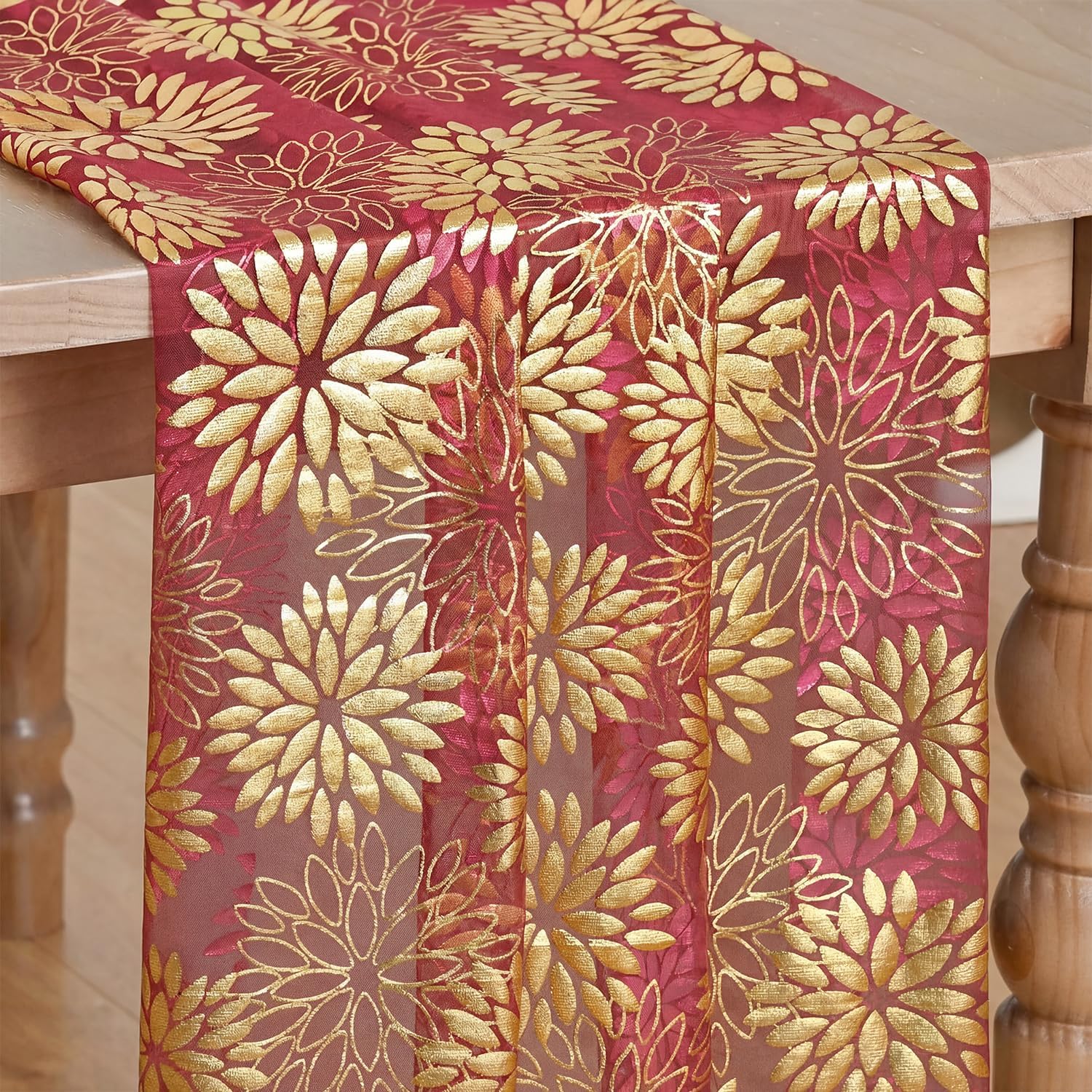 Artoid Mode 6PCS Beige Gold Dahlia Flower Gauze Table Runner 120 Inch 10FT, Glitter Metallic Foil Sheer Cheesecloth Dining Holiday Table Decor for Home Party