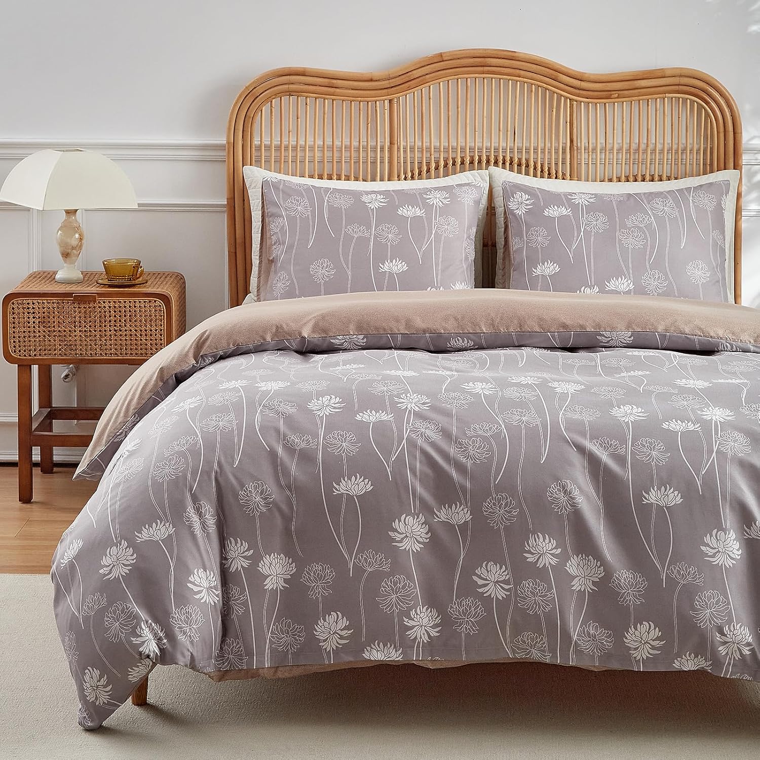 Duvet Cover King, Gray Brown Duvet Cover Set Daisy with Zipper Closure