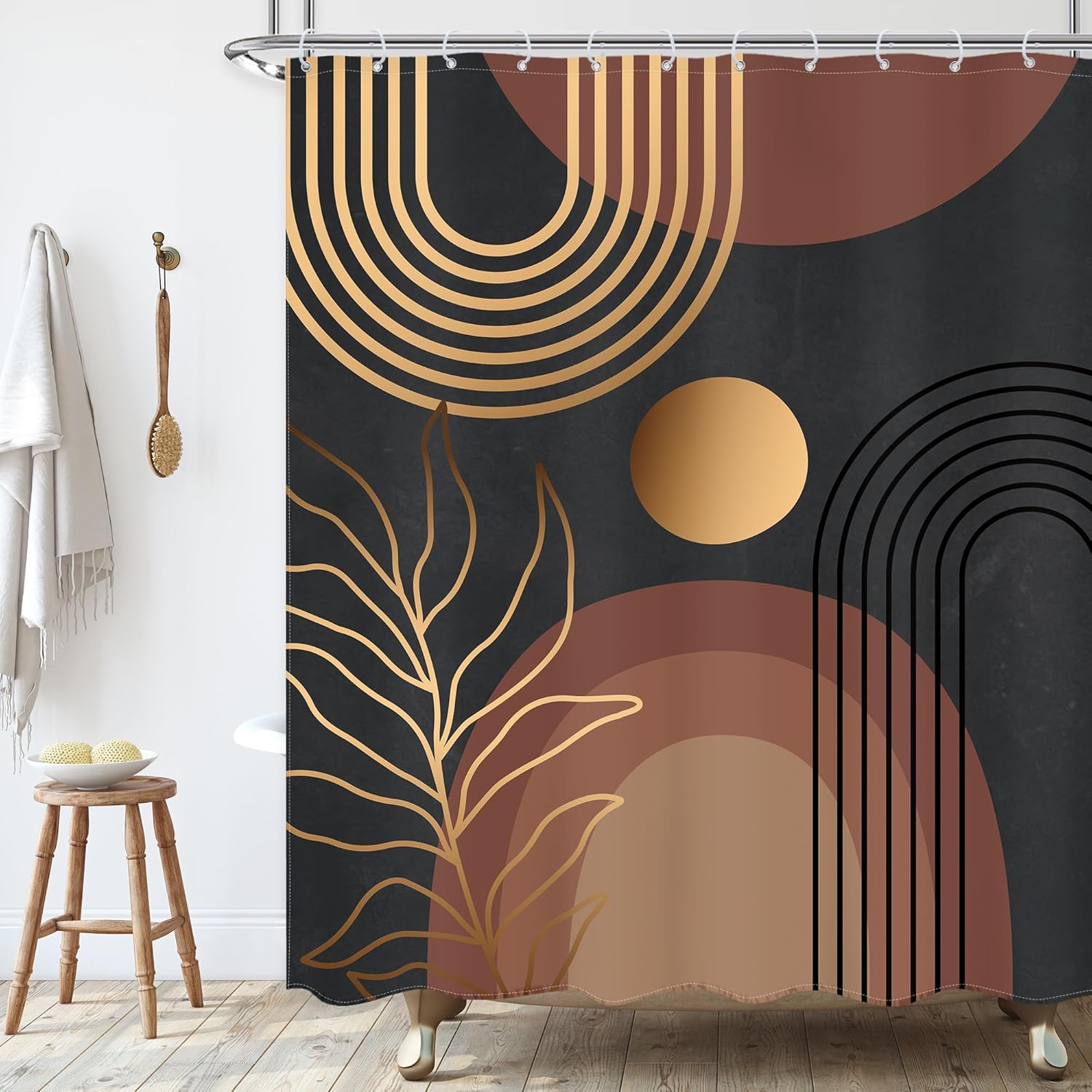Ufeela Black Gold Mid Century Modern Boho Shower Curtain