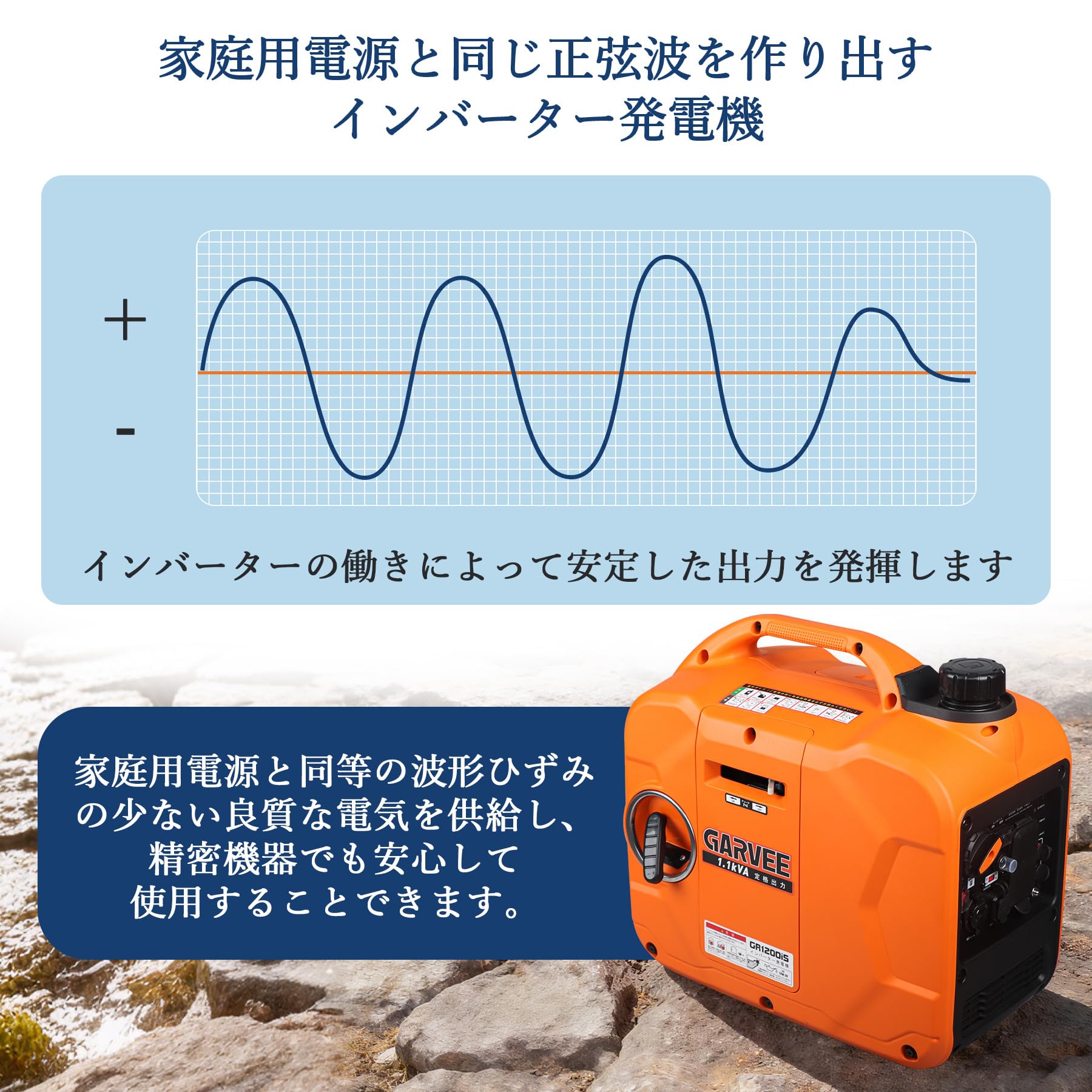 インバーター発電機 定格出力1.1kVA 最大出力1200W 静音 正弦波 軽量 高出力 ガソリン発電機 過負荷保護 並列運転 | 50Hz/60Hz… — 商品詳細画像 3