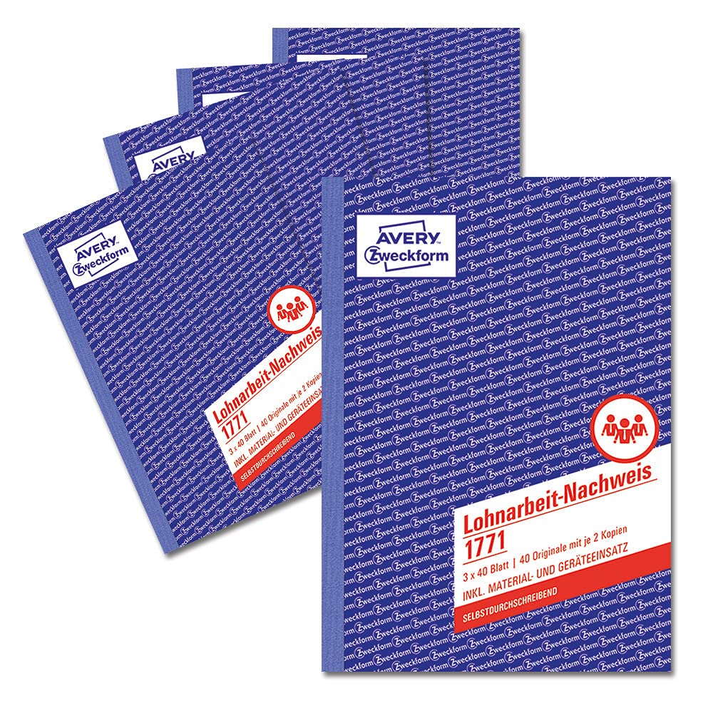 Avery Zweckform 1771-5 Contract Work Certificate (A5, Self-Copying, for Germany/Austria, Tested by Legal Experts, for Hourly Recording, 3 x 40 Sheets) White/Yellow/Pink, Pack of 5