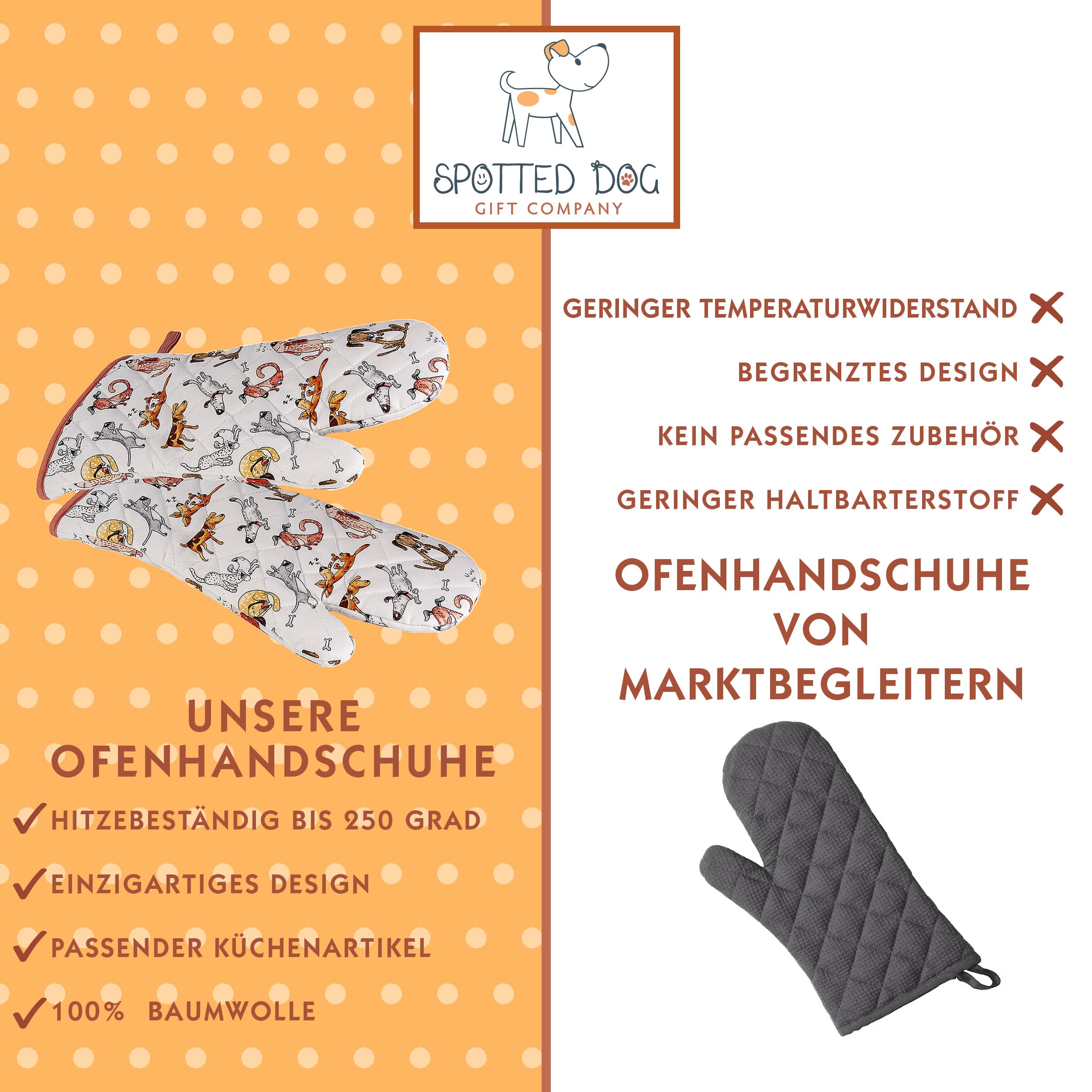 SPOTTED DOG GIFT COMPANY - Backhandschuhe Hitzebestaendig, Topfhandschuhe Ofenhandschuhe Lang mit Lustige Hund Motiv, Geschenk für Frauen Damen und Männer