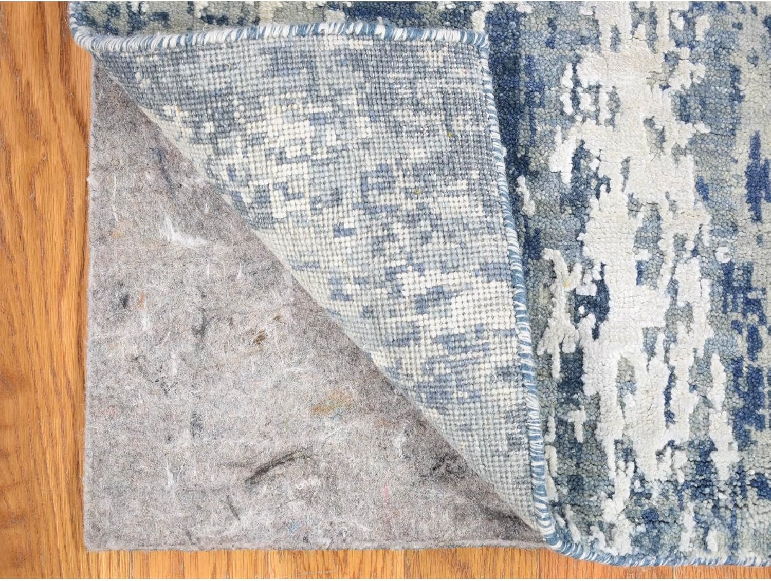 Hand Knotted Blue Abstract Design Wool and Real Silk Runner Oriental Rug (2'7"x12'2")