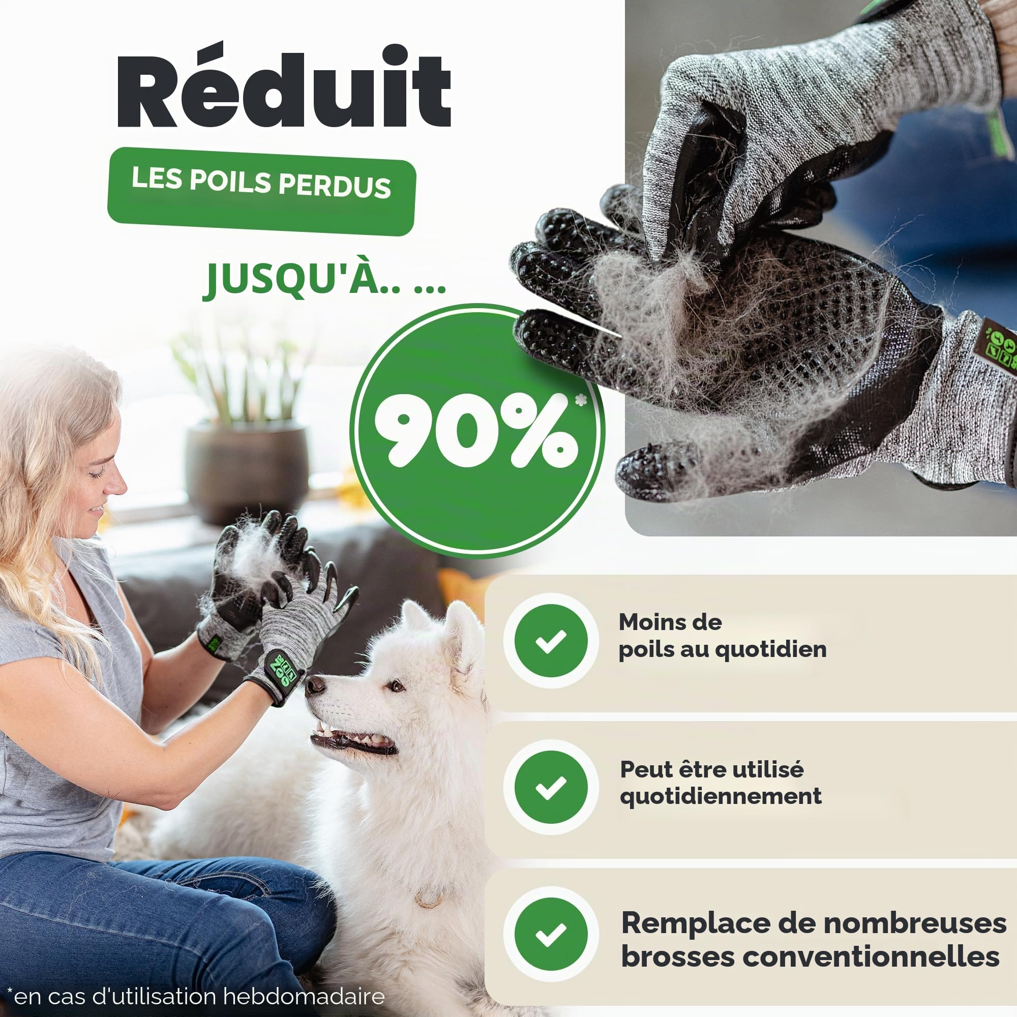 DR Zoo Gant de toilettage pour chien, chat ou cheval - (1 paire, taille L) - Gant pour le toilettage de tous les poils de chien et de chat - Gant de toilette pour tous les poils d'animaux - Gants de