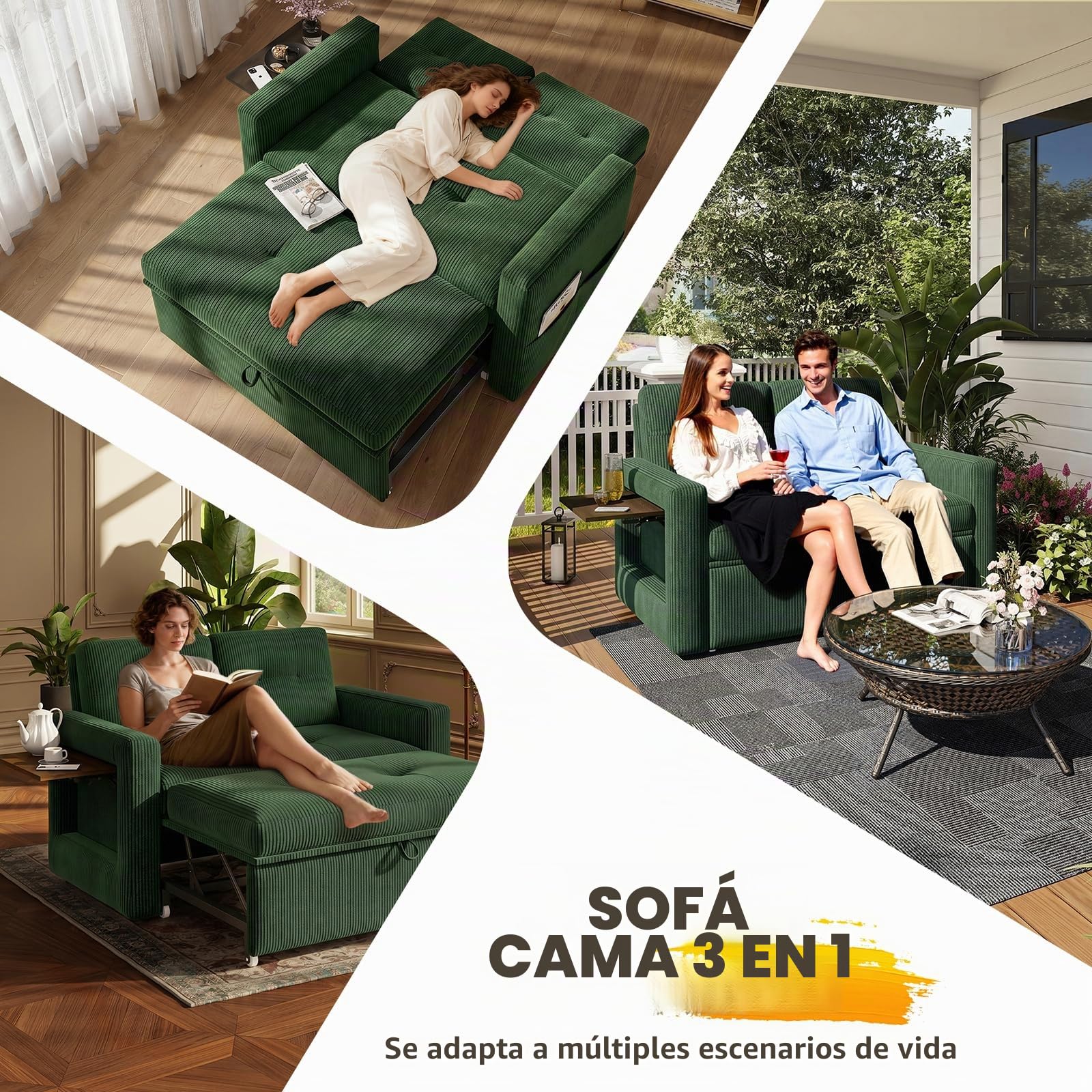 YOUDENOVA Sofá Cama 3 en 1, Sillón Cama multifunción, Sofá reclinable con Respaldo Regulable en 5 Posiciones, Sofá Cama para 2 Personas con Mesa y Bolsillos Laterales, Pana Verde