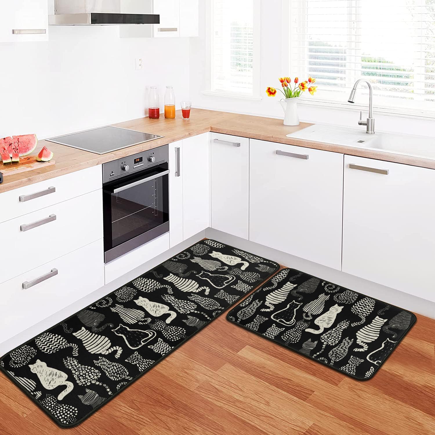Cute Black Cat Kitchen Mats Set of 2, Non-Slip Washable Cat Kitchen Mats, Funny Black Cat Rugs for Kitchen, Sink, Laundry Room, Bathroom, Home Decoration, Gift for Cat Lovers, 17x30+17x47In