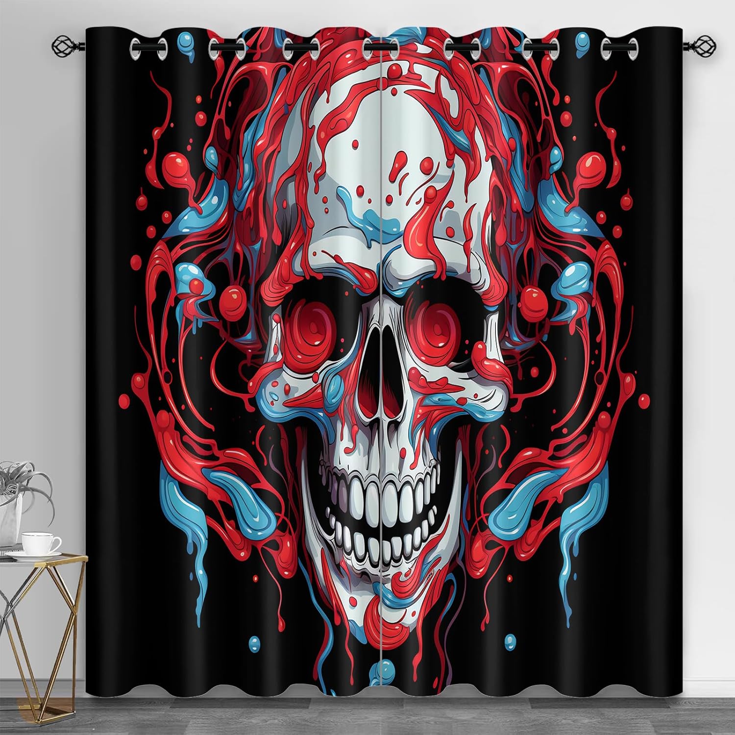 Horror Skull 3D Printed Curtains 63 inch Long, Skull Blackout Window Treatments for Bedroom, Black Red Window Drapes 2 Panels Set, Grommet Curtains for Kitchen Day of The Dead Home Decor
